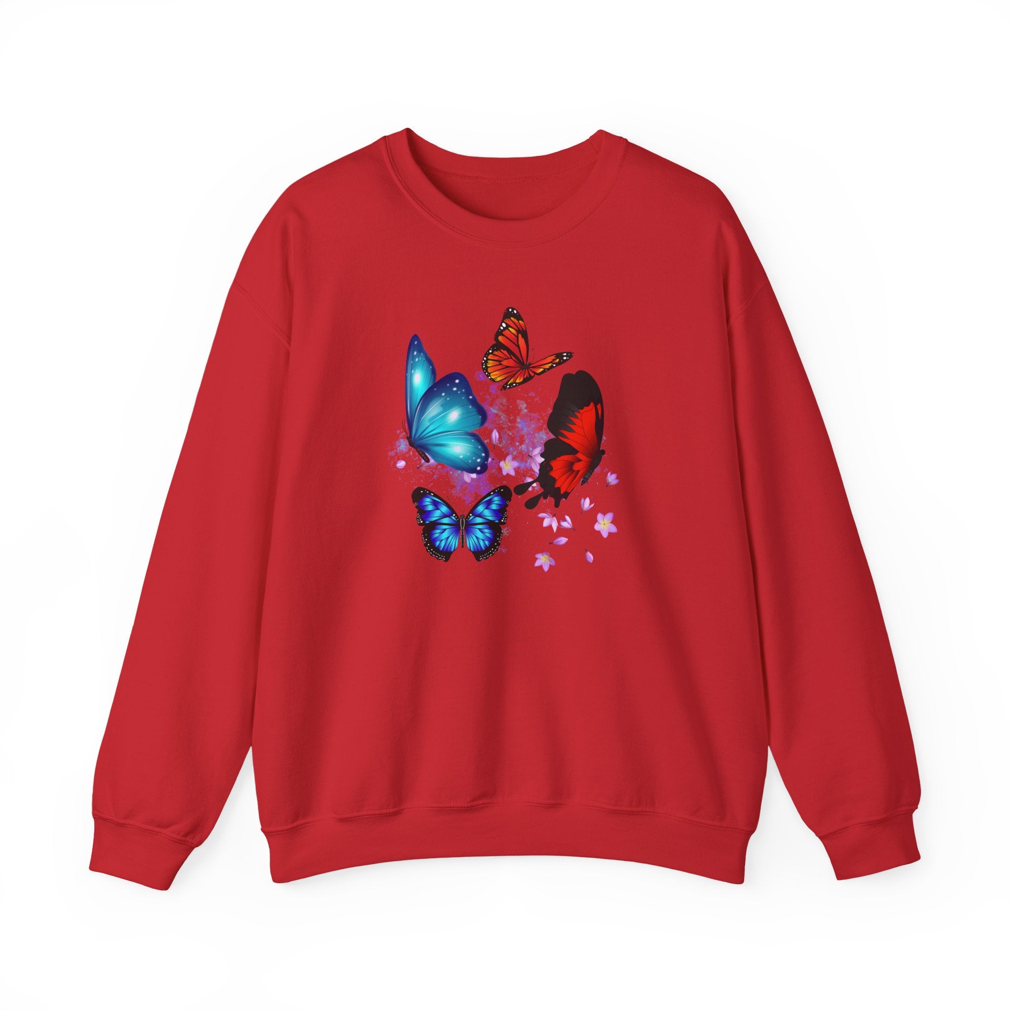 Red sweatshirt with butterfly design on a white background