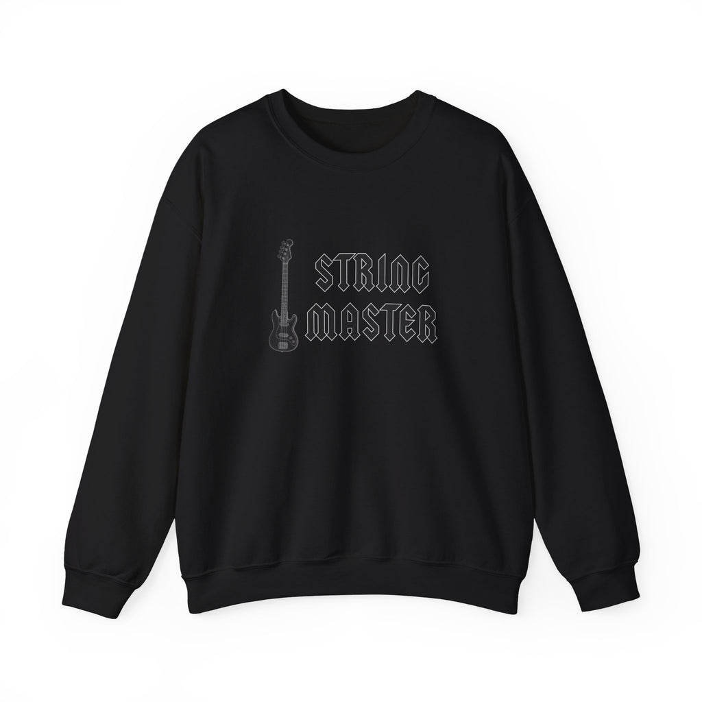 Black sweatshirt with 'String Master' text and guitar graphic on a white background