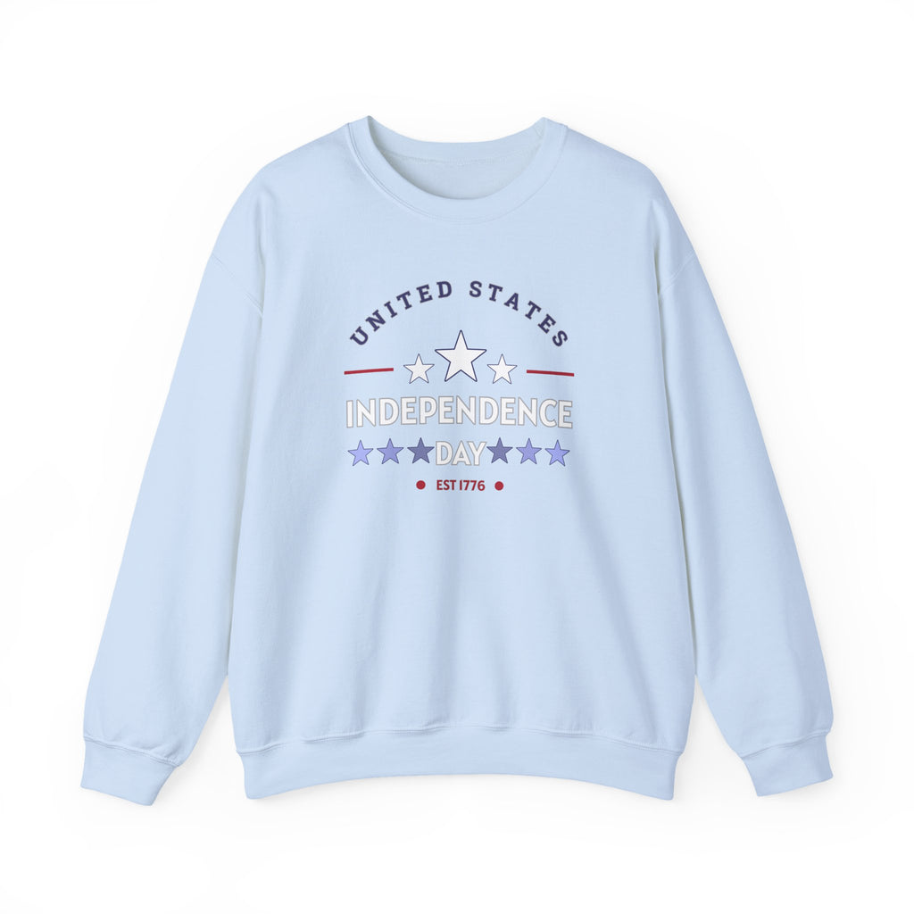 Light blue sweatshirt with 'United States Independence Day' text and star design on a white background
