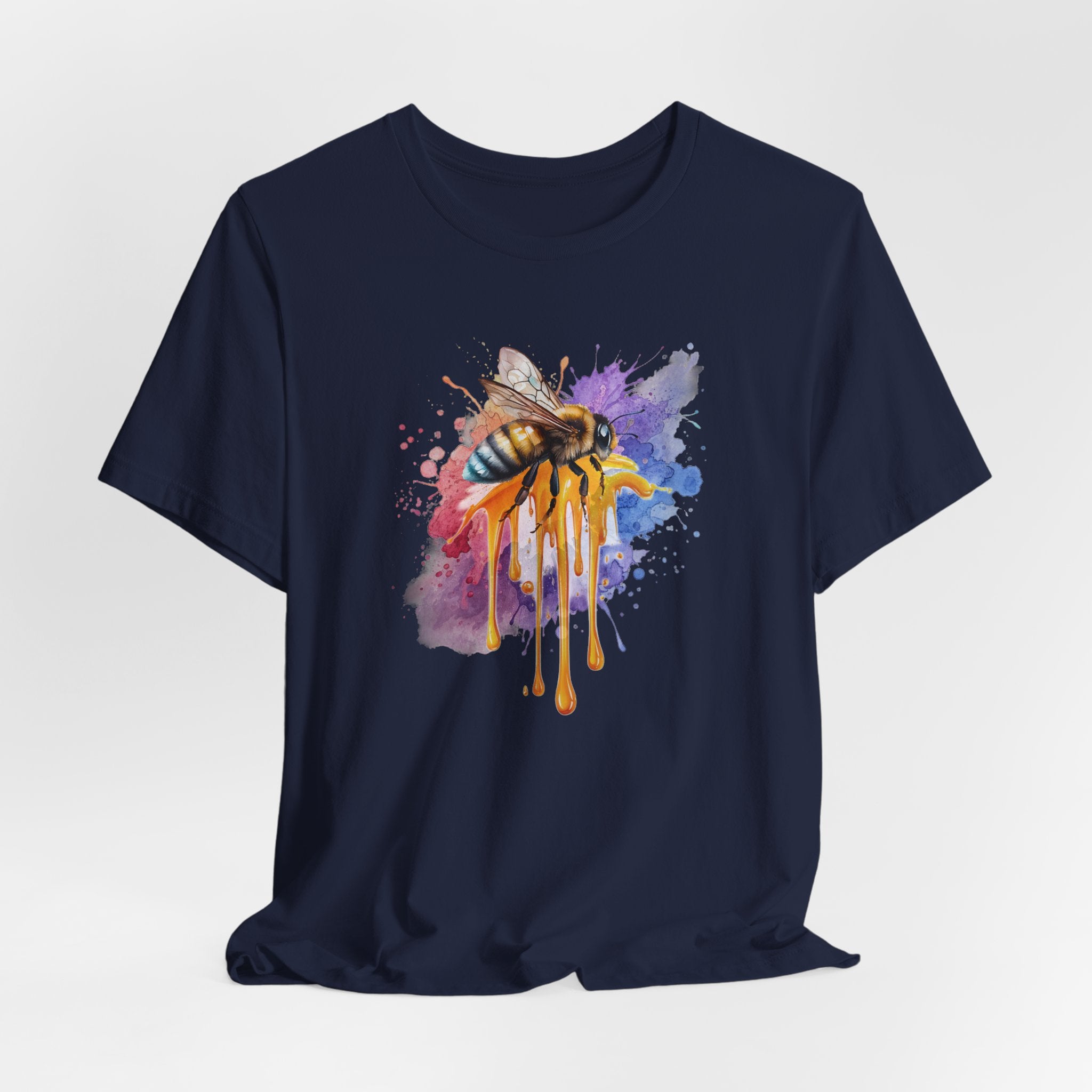 Navy blue t-shirt with a colorful bee design on a white background