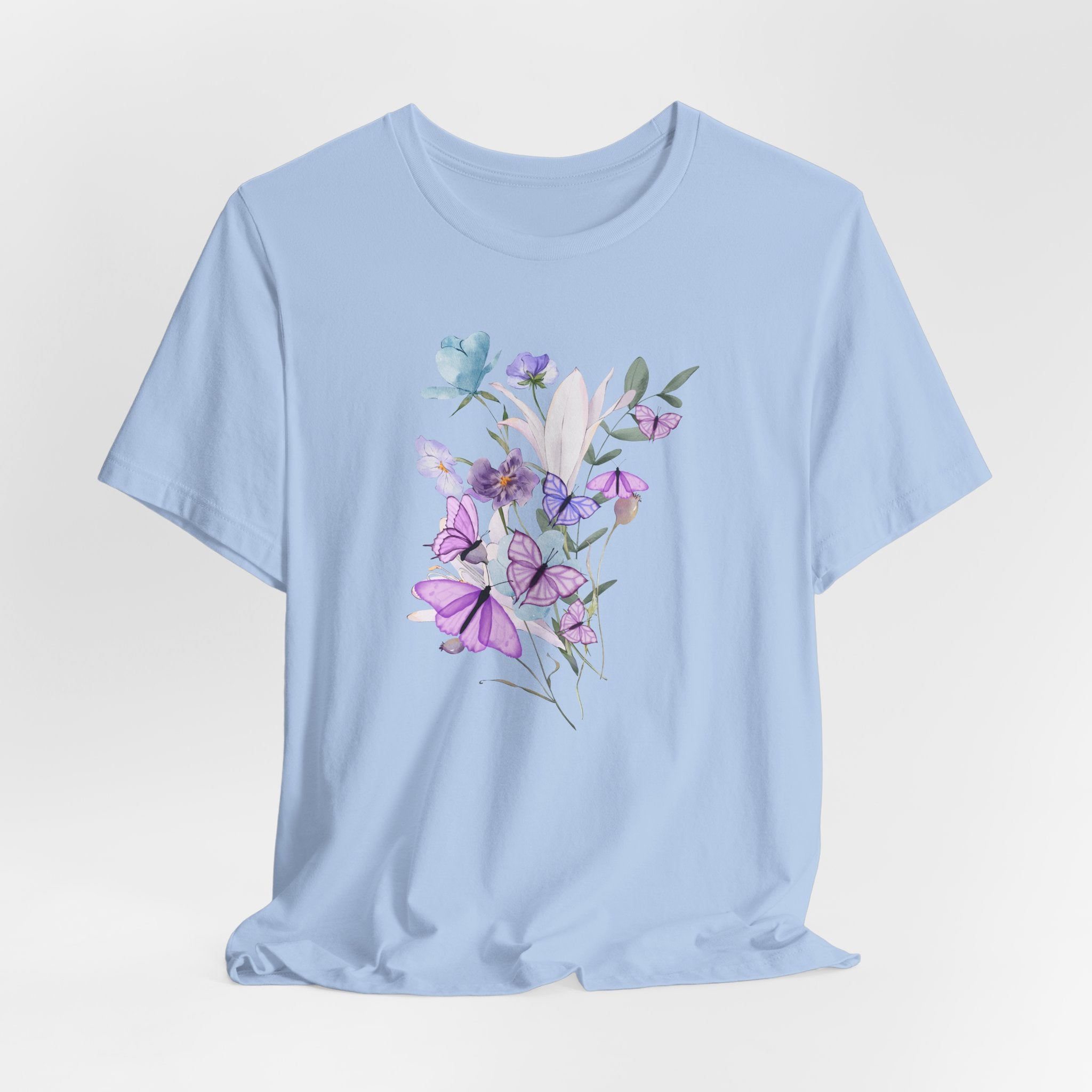 Light blue t-shirt with floral design on a white background