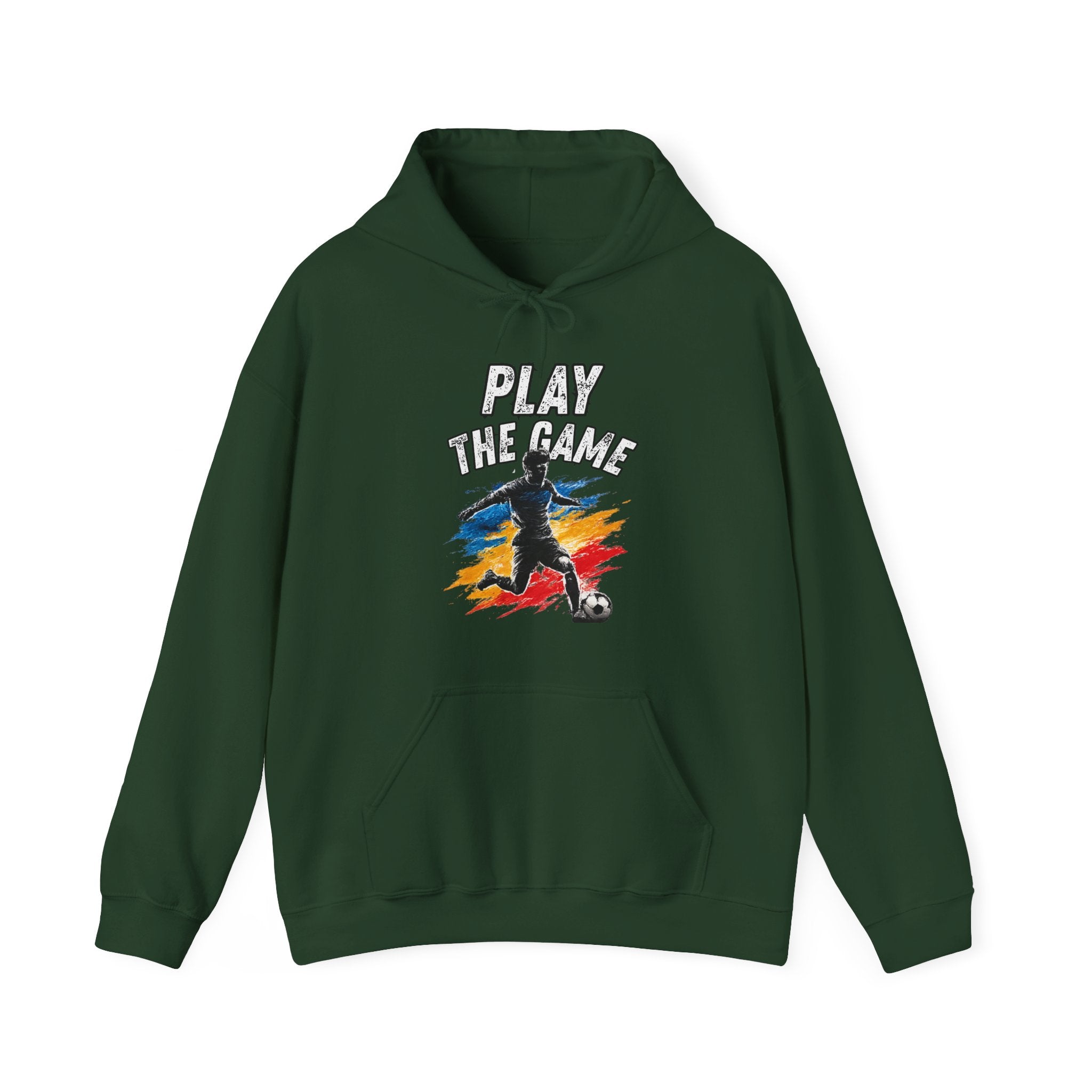Green hoodie featuring a graphic print on the front with the text 'PLAY THE GAME' above a stylized soccer player silhouette over a red, yellow, and blue paint-splatter background.