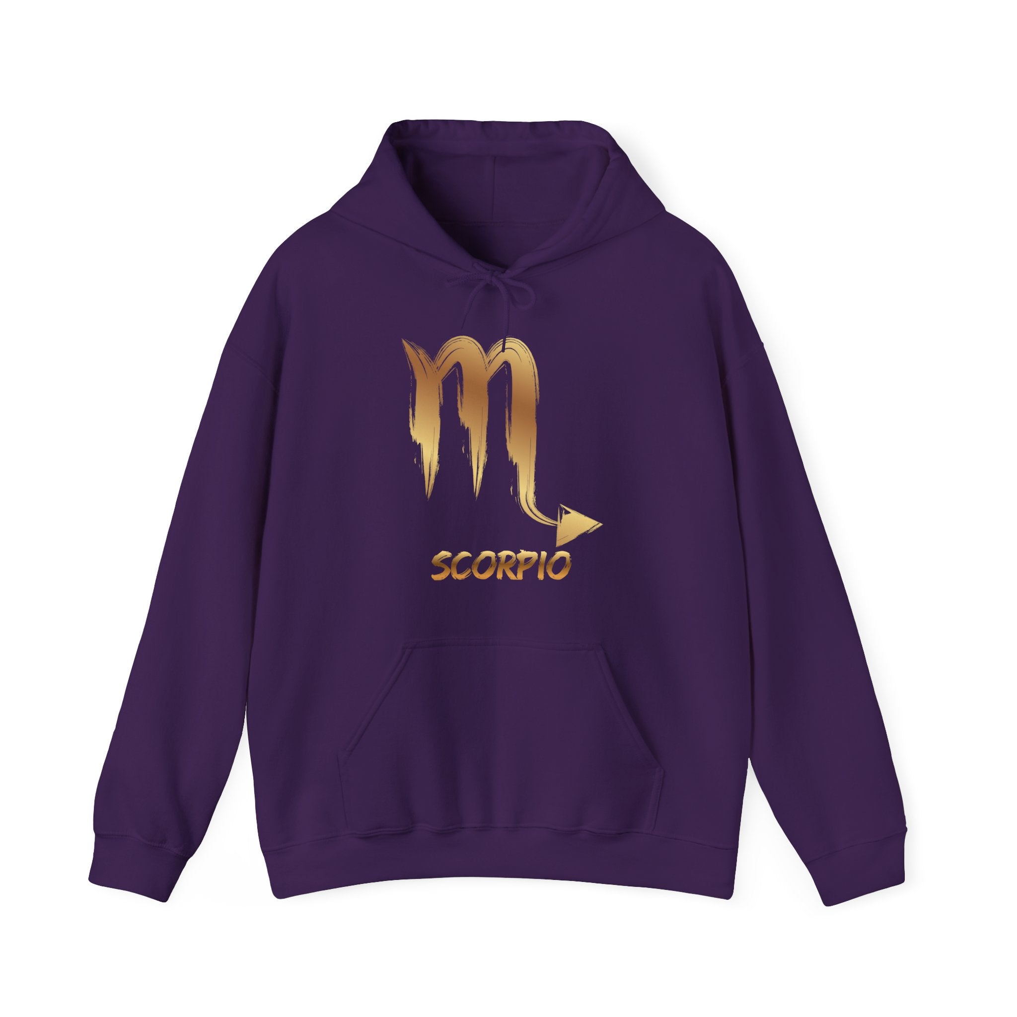 Purple hoodie with gold Scorpio symbol on a white background
