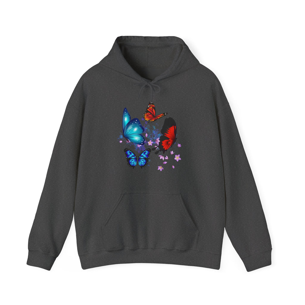 Dark gray hoodie with colorful butterfly design on a white background