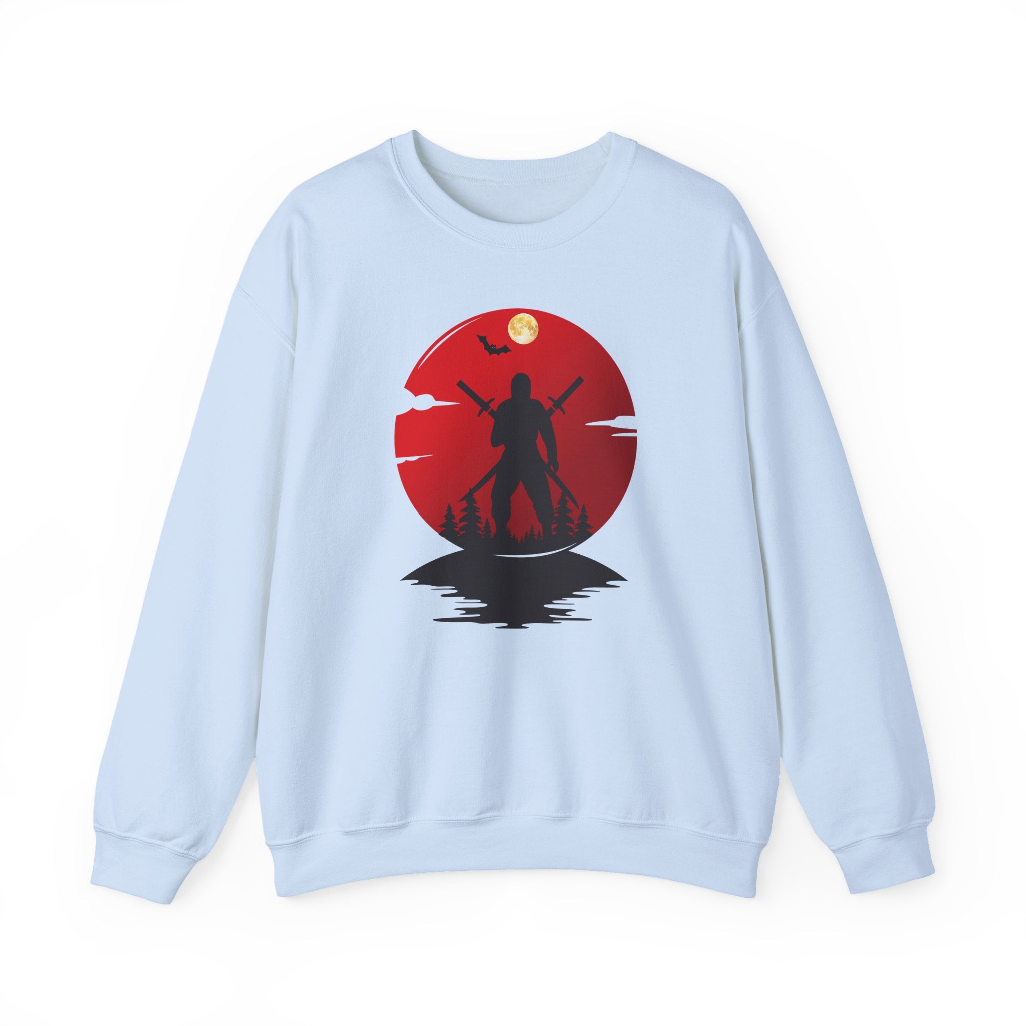 Light blue sweatshirt with a red and black ninja graphic design on a white background