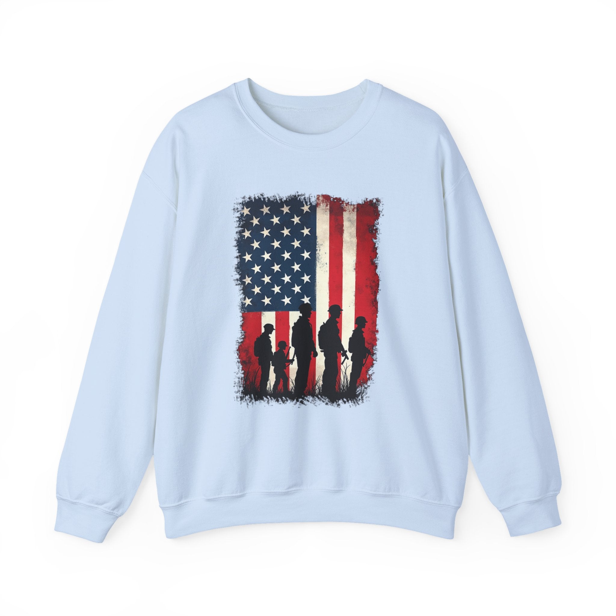 Light blue sweatshirt with American flag and silhouette design on a white background