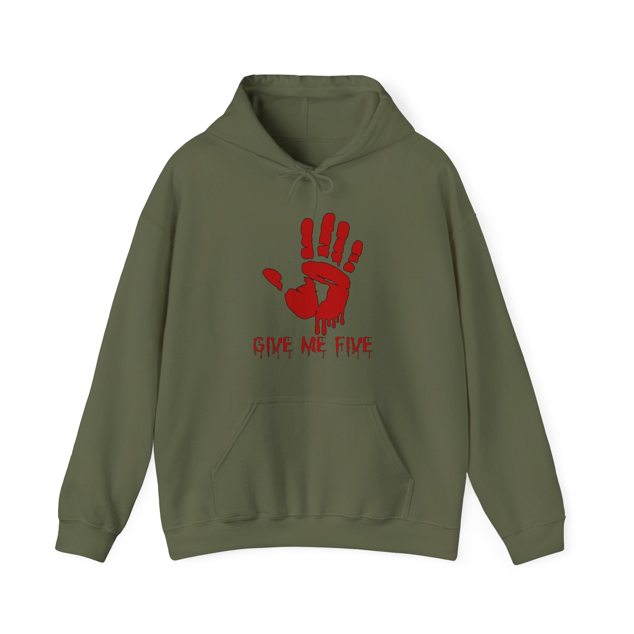 Green hoodie with red hand and text "Give Me Five" on a white background