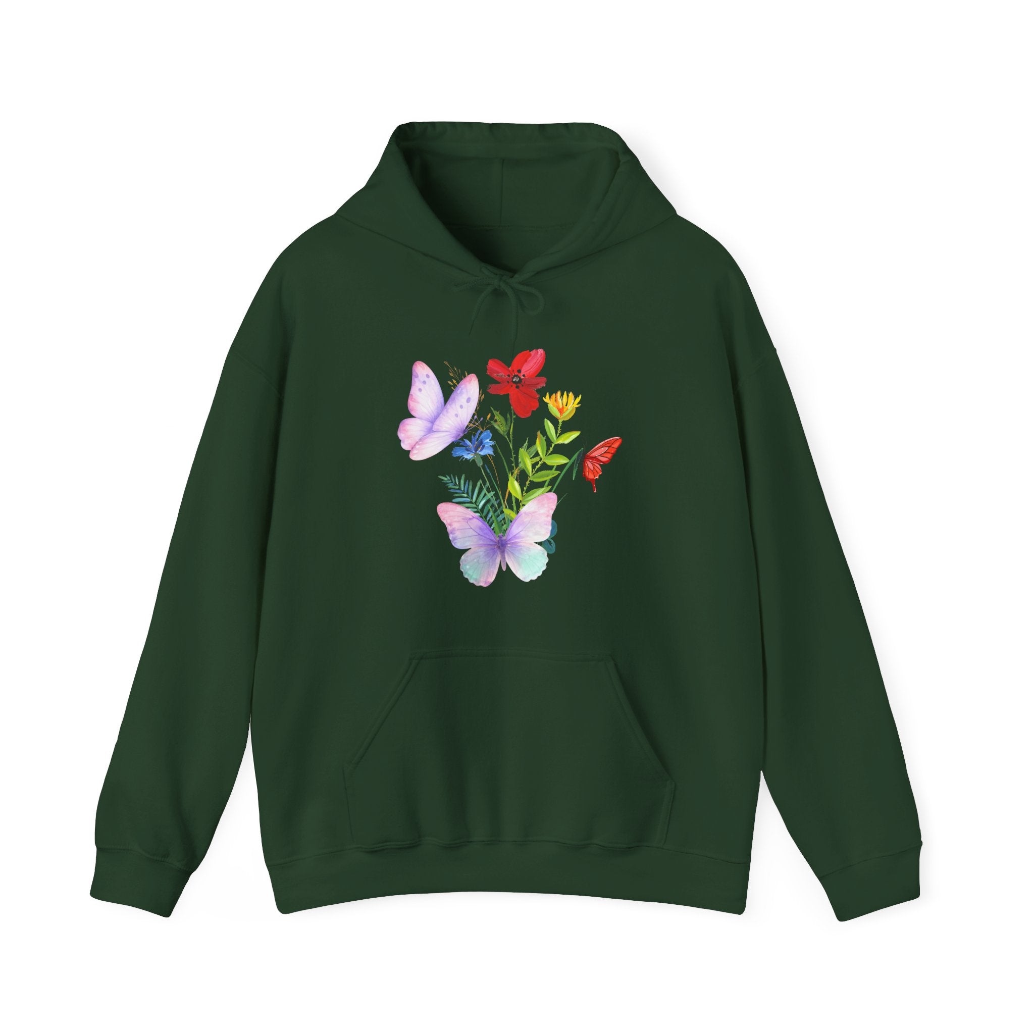 Green hoodie with butterfly and floral design on a white background