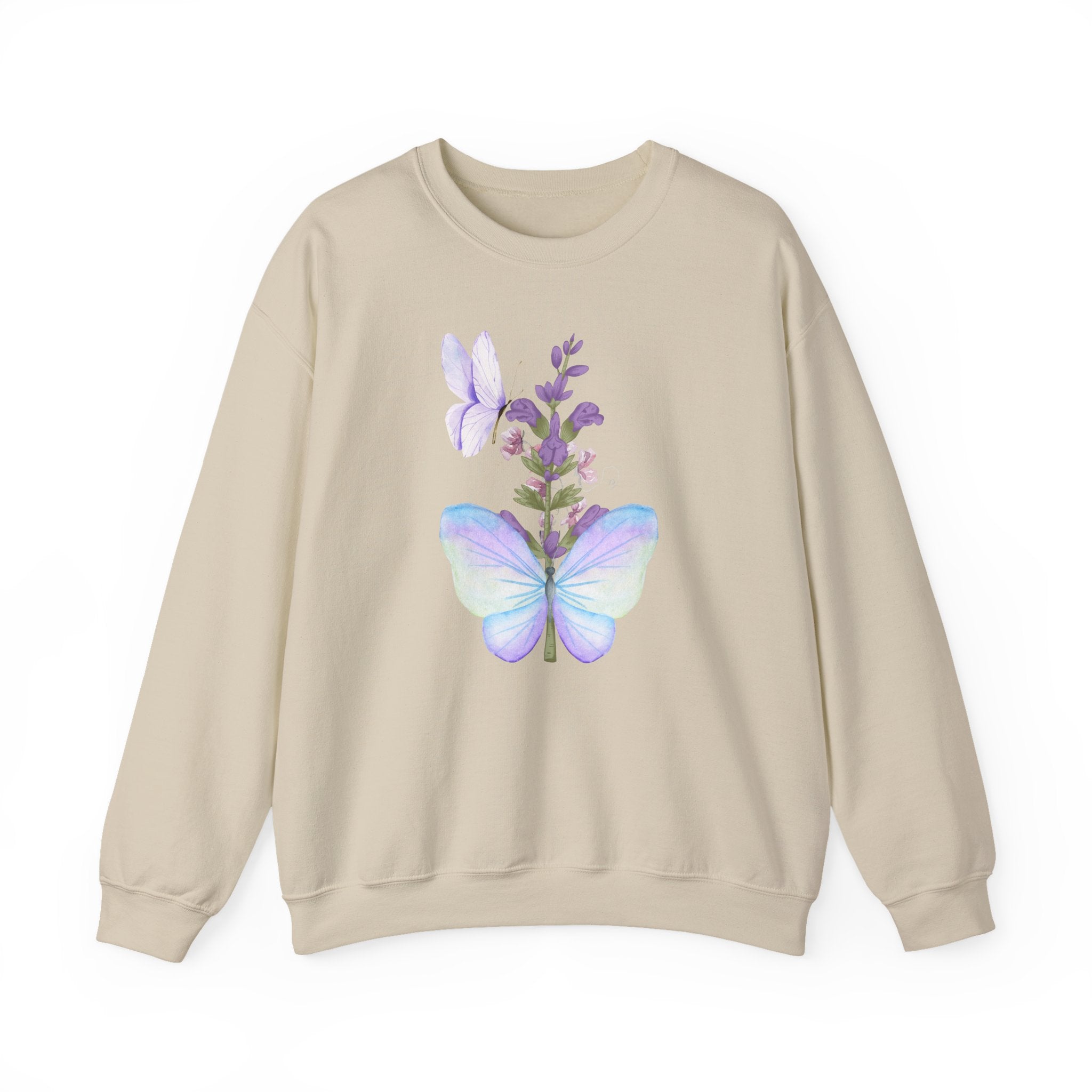Beige sweatshirt with a butterfly and lavender design on a white background