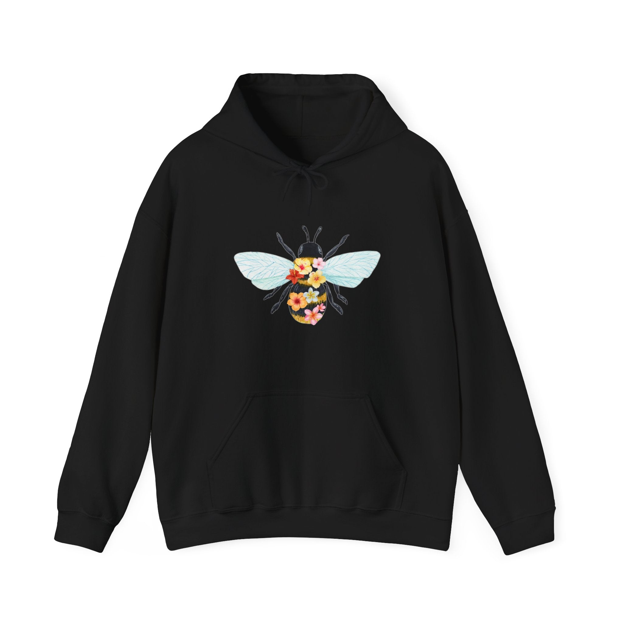 Black hoodie with floral and bee design on a white background