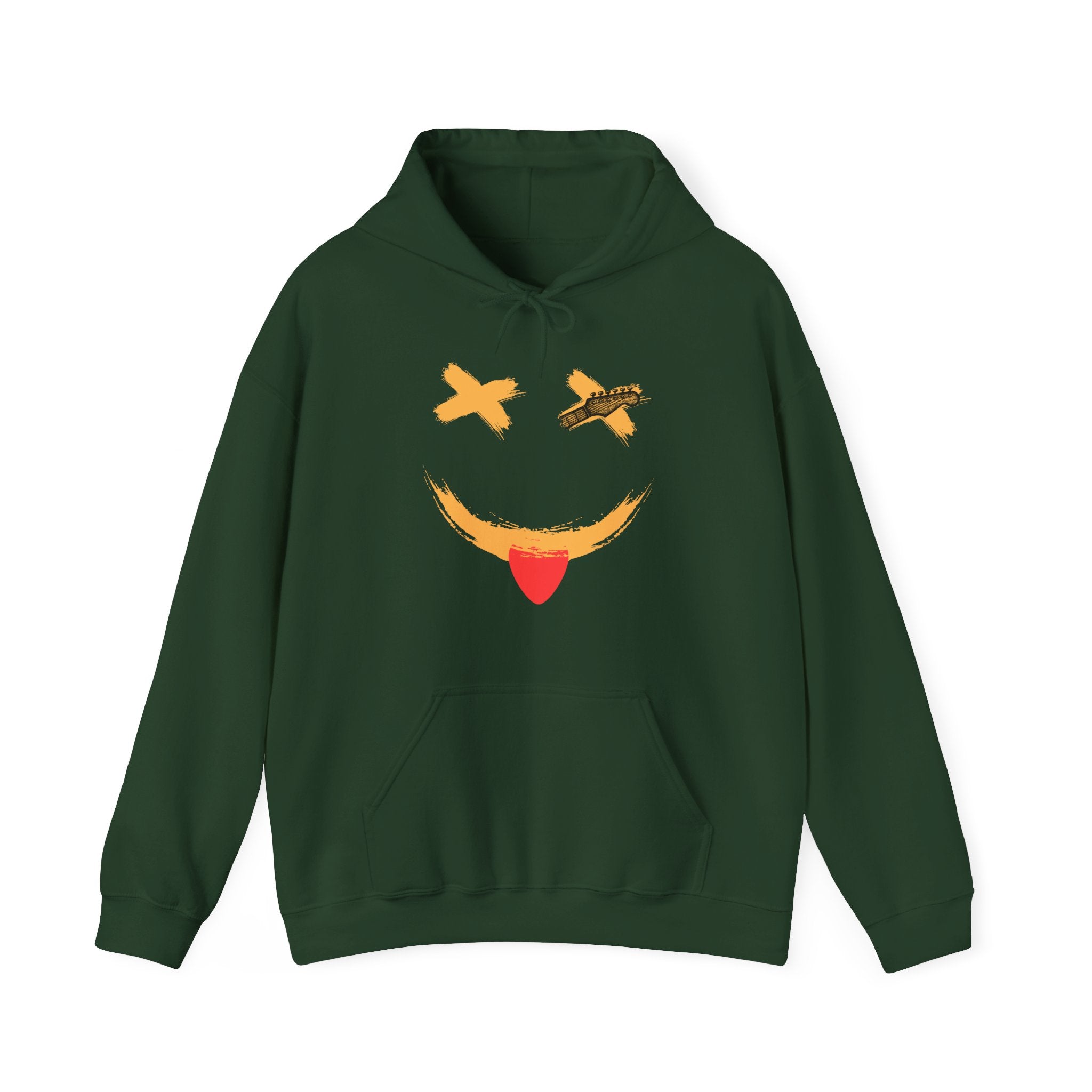 Green hoodie with a smiley face guitar graphic design on a white background