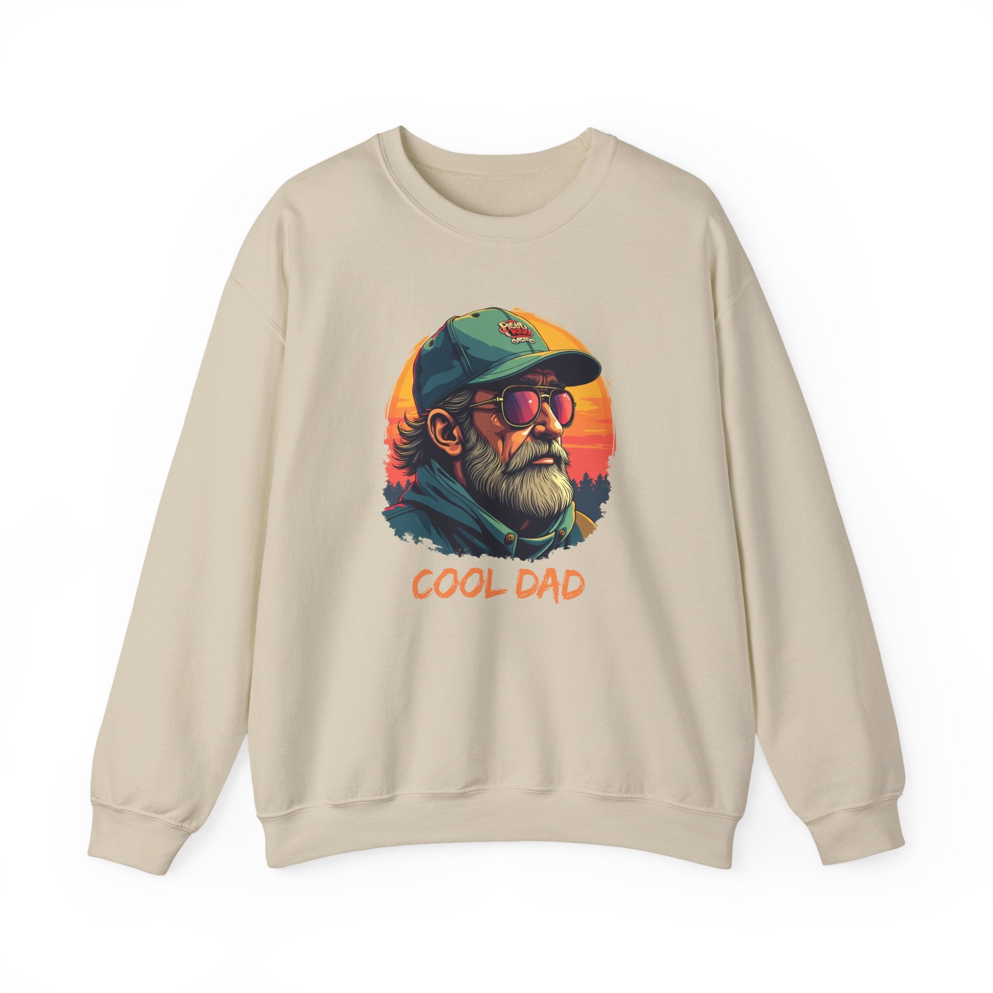 Beige sweatshirt with 'Cool Dad' graphic design on a white background