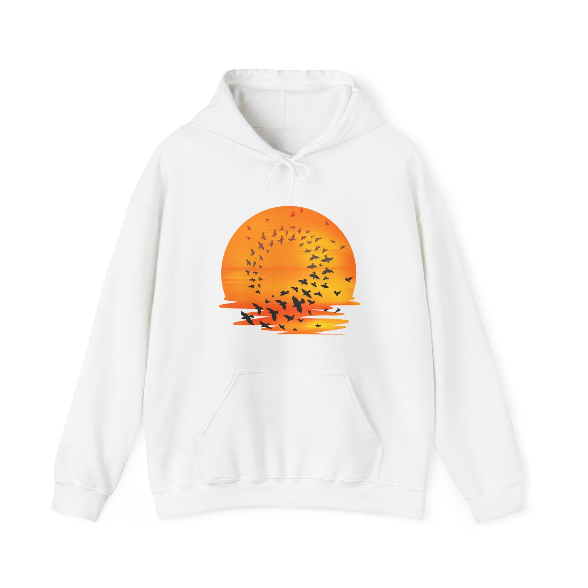 White hoodie with a sunset and bird design on a white background