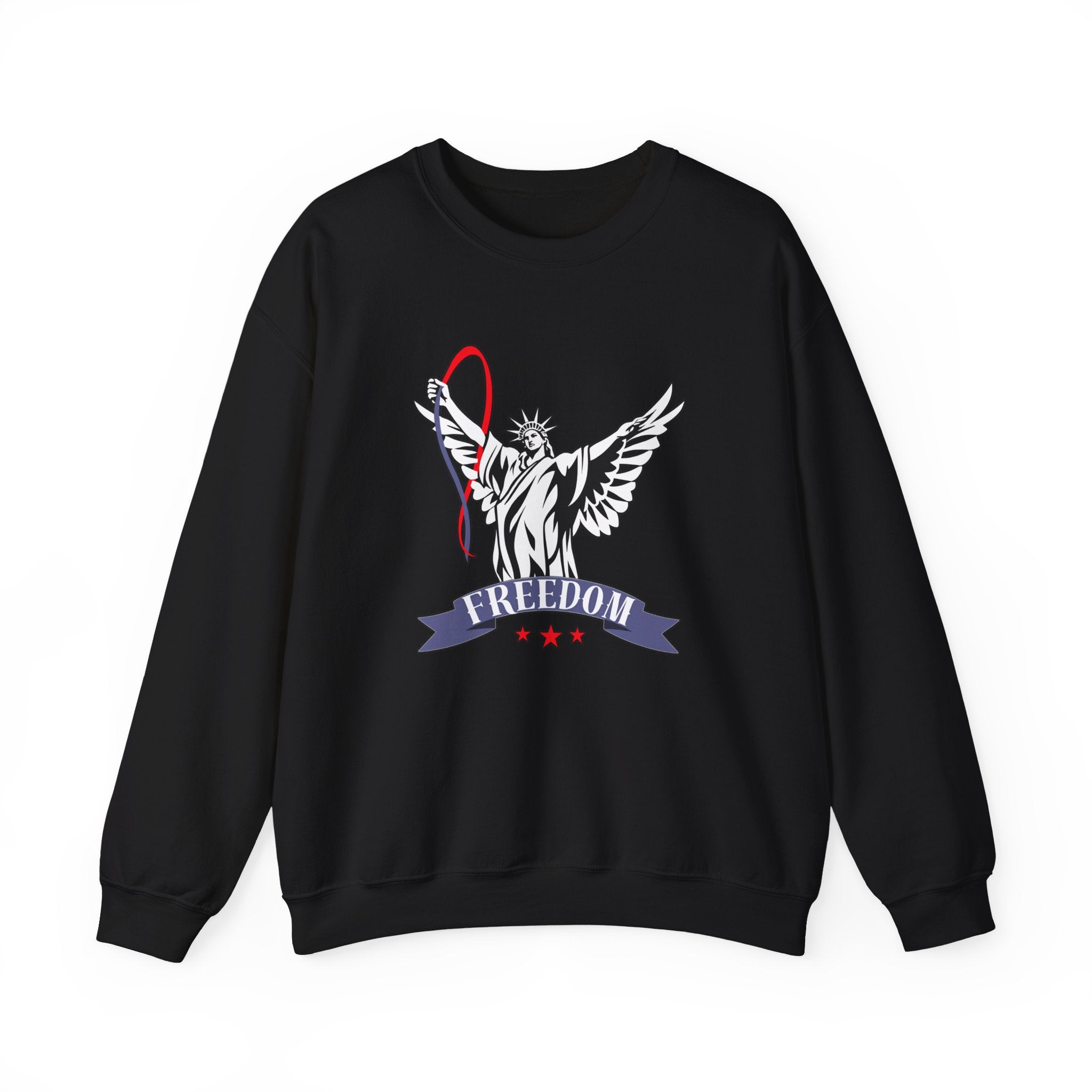 Black sweatshirt with Statue of Liberty graphic and 'Freedom' text on a white background
