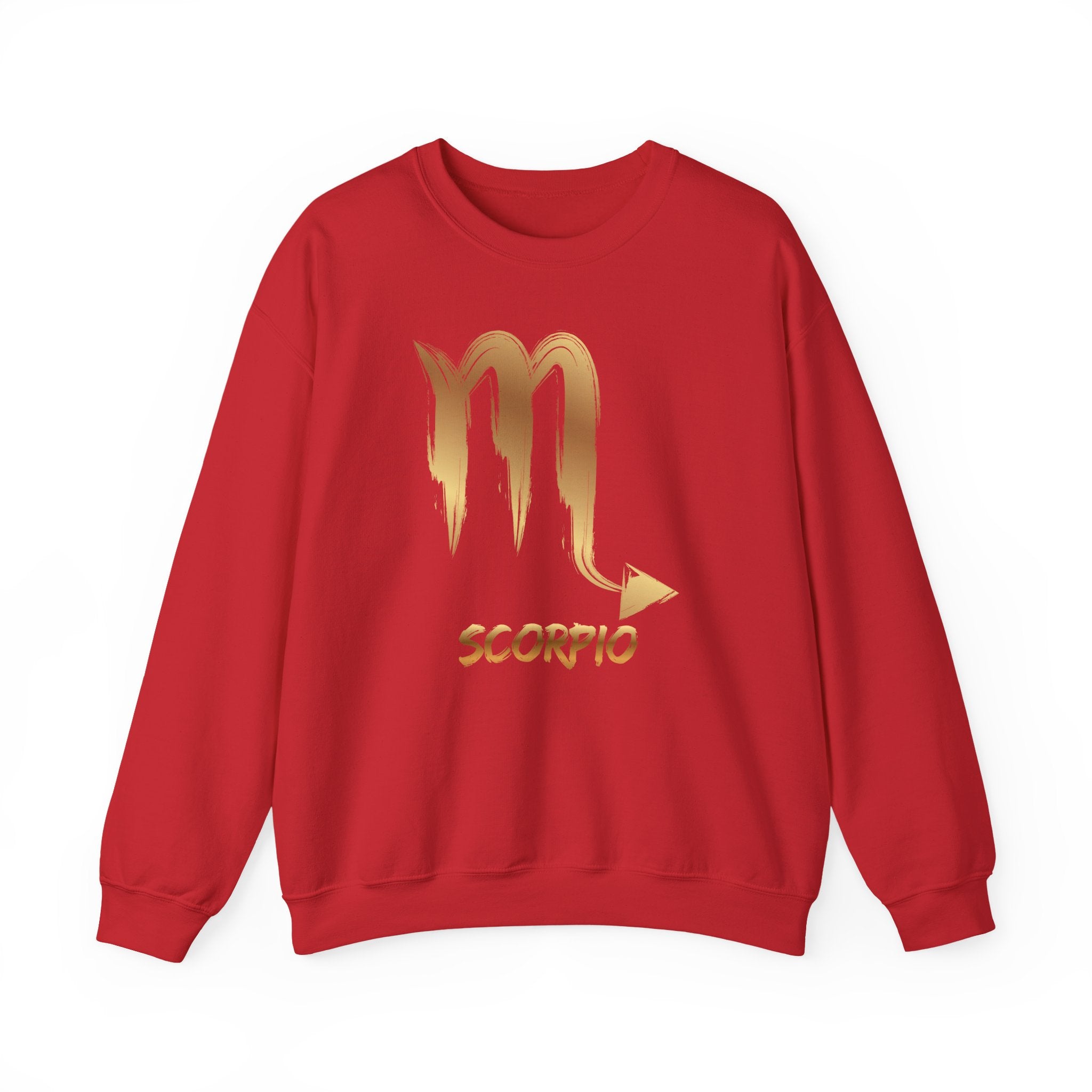 Red sweatshirt with gold Scorpio symbol and text on a white background