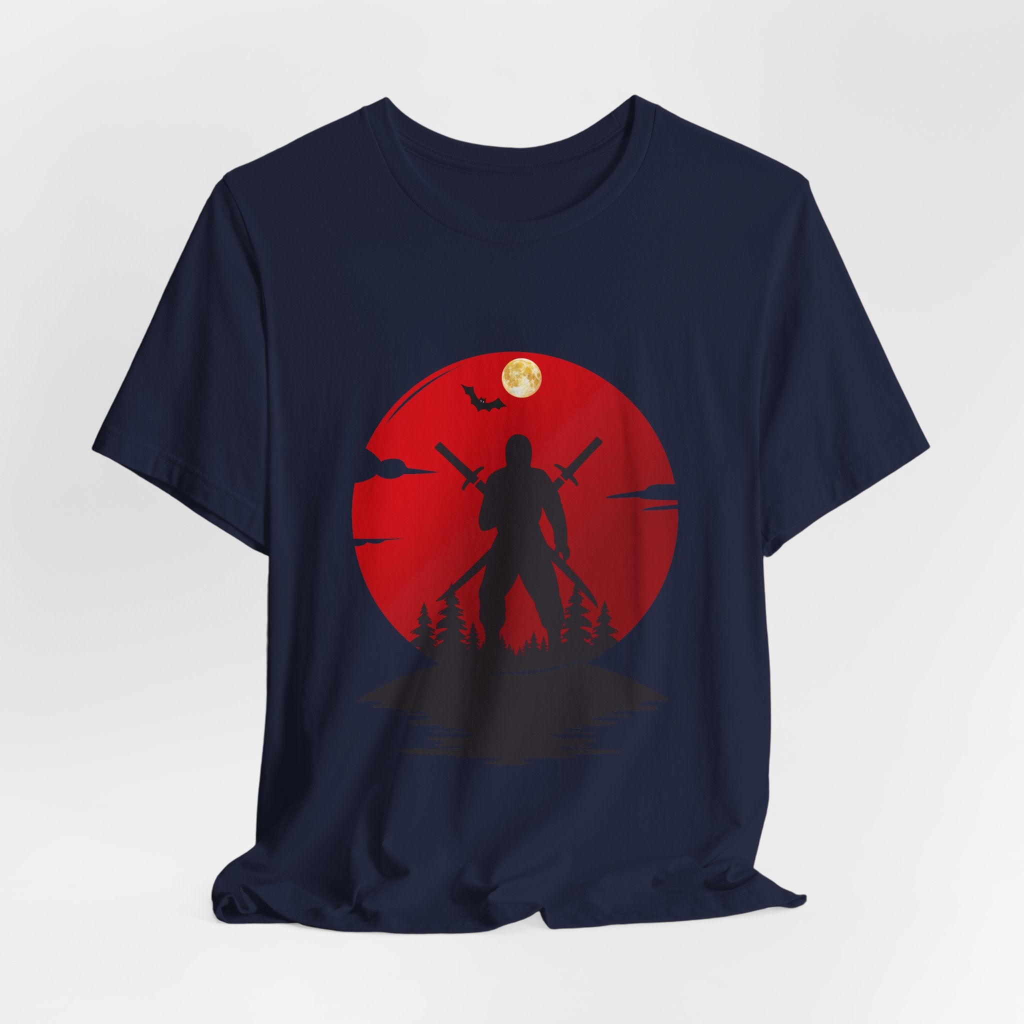 Navy blue t-shirt with a red graphic of a silhouette against a red circle on a white background