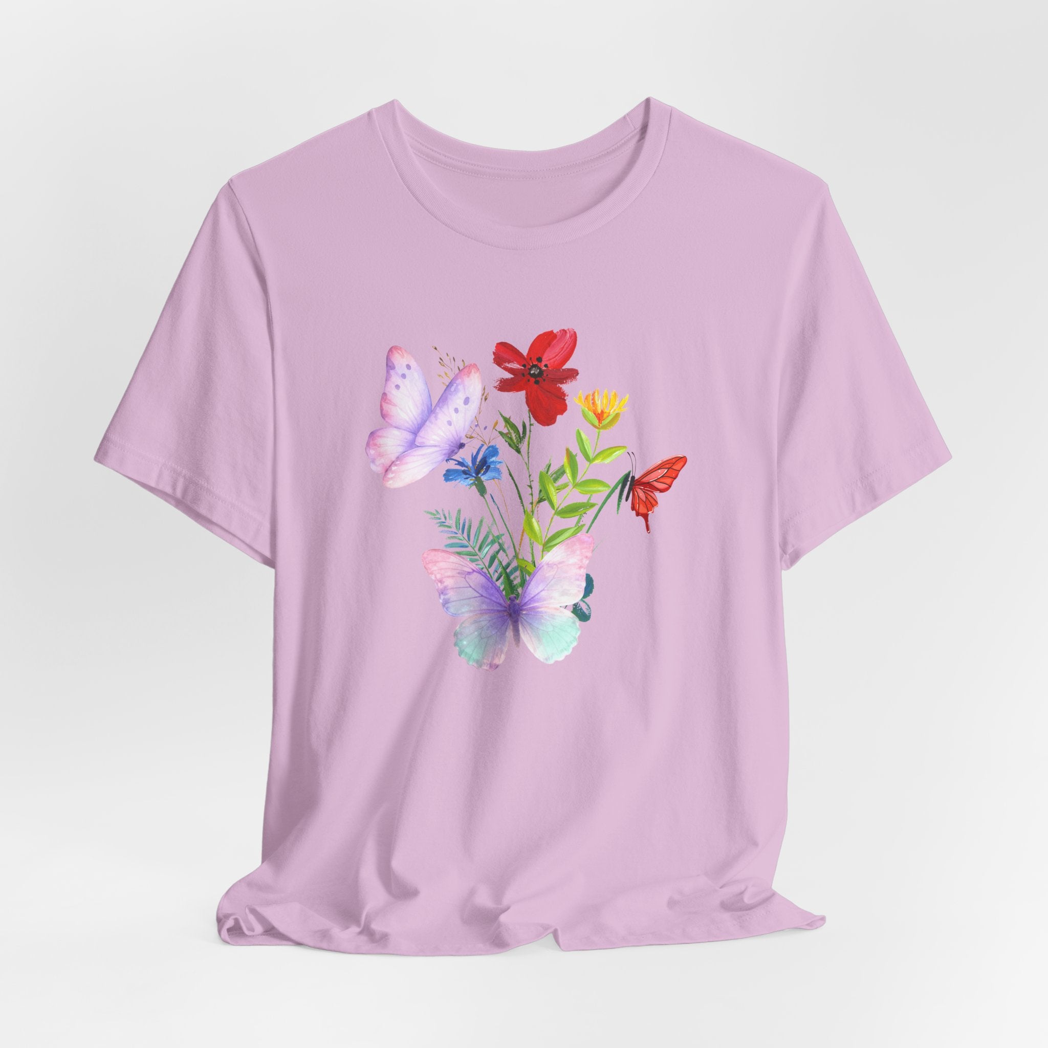 Purple t-shirt with colorful butterfly and flower design on a light gray background