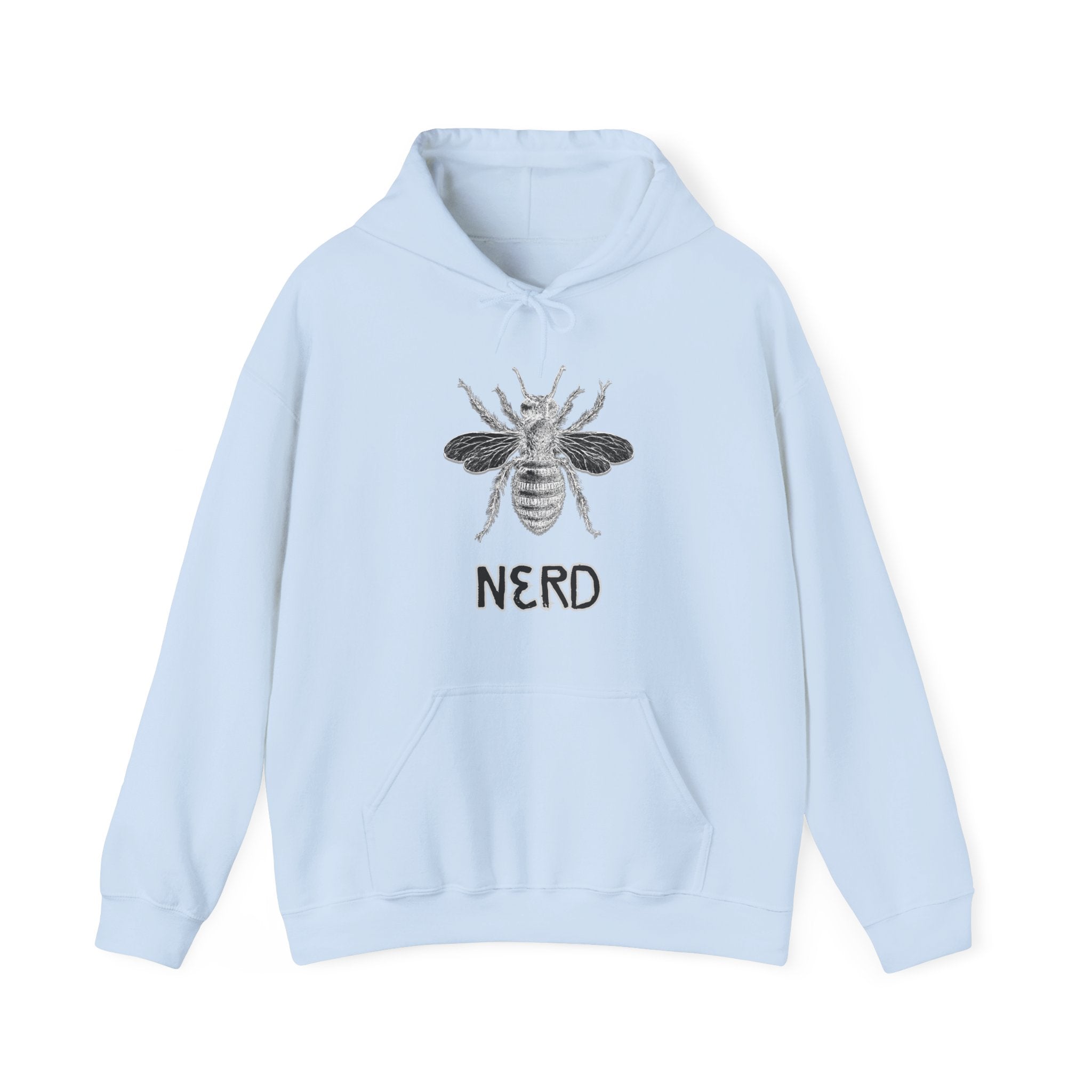Light blue hoodie with bee and  'Nerd' text on a white background