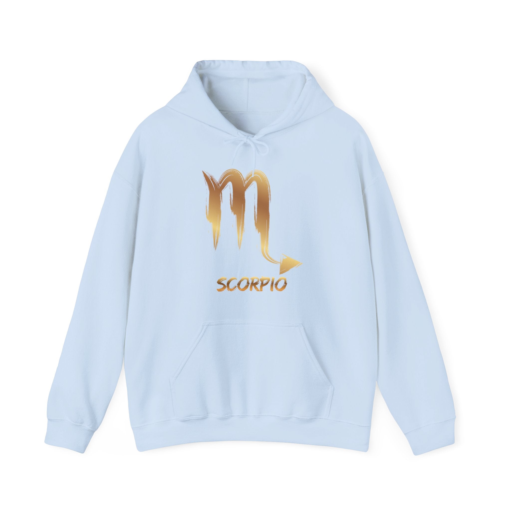 Light blue hoodie with gold Scorpio symbol and text on a white background