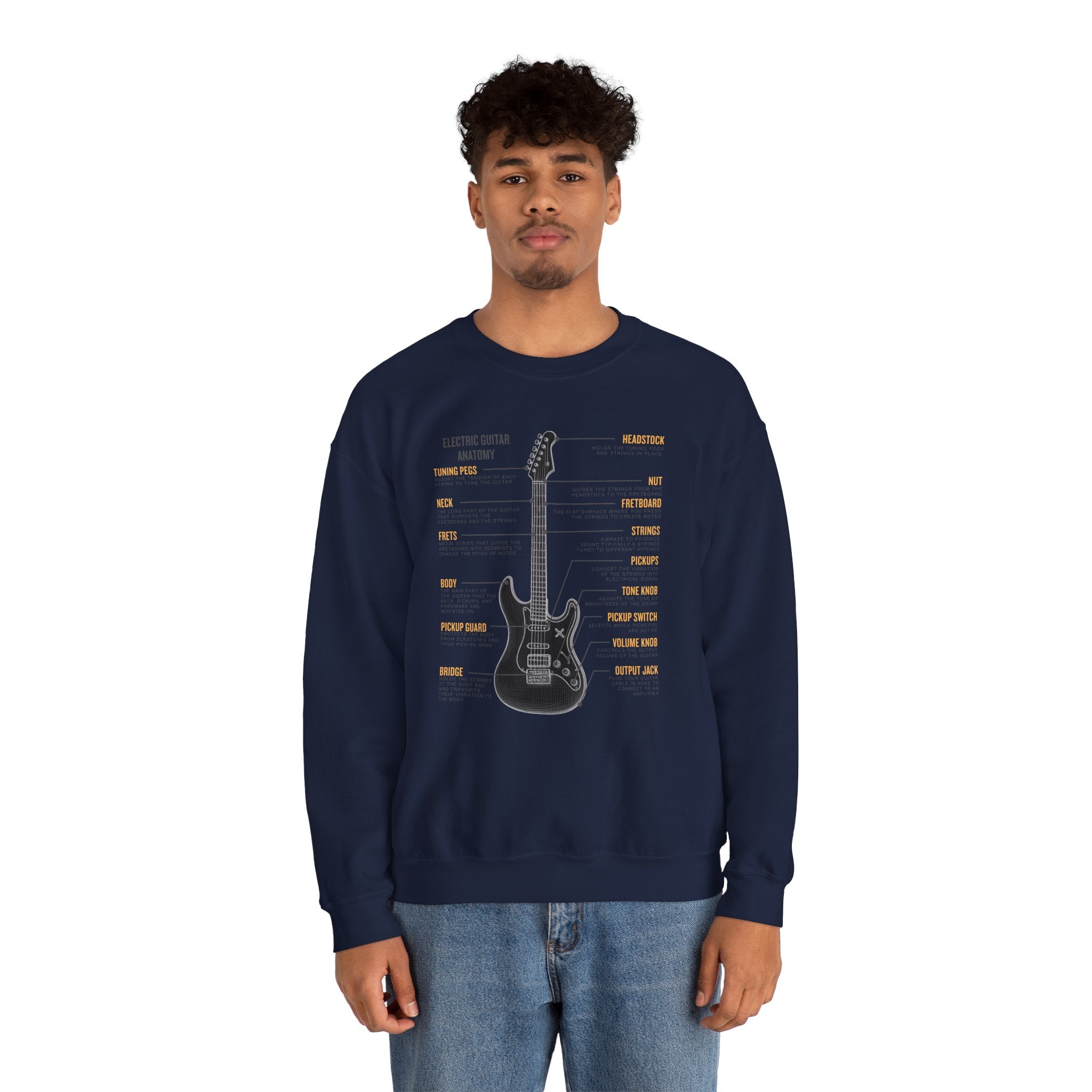 Person wearing a navy blue sweatshirt with a electric guitar anatomy diagram design on a white background