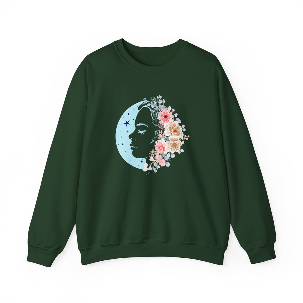 Green sweatshirt with a floral moon design on a white background
