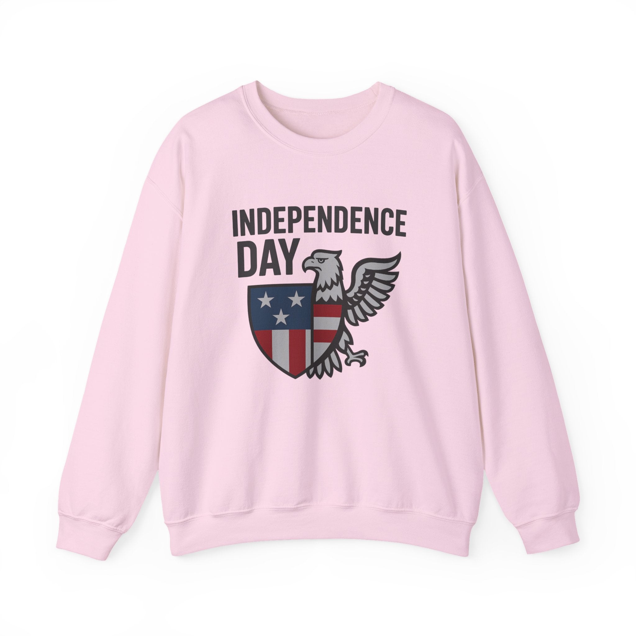 Pink sweatshirt with 'Independence Day' design featuring an eagle and shield on a white background