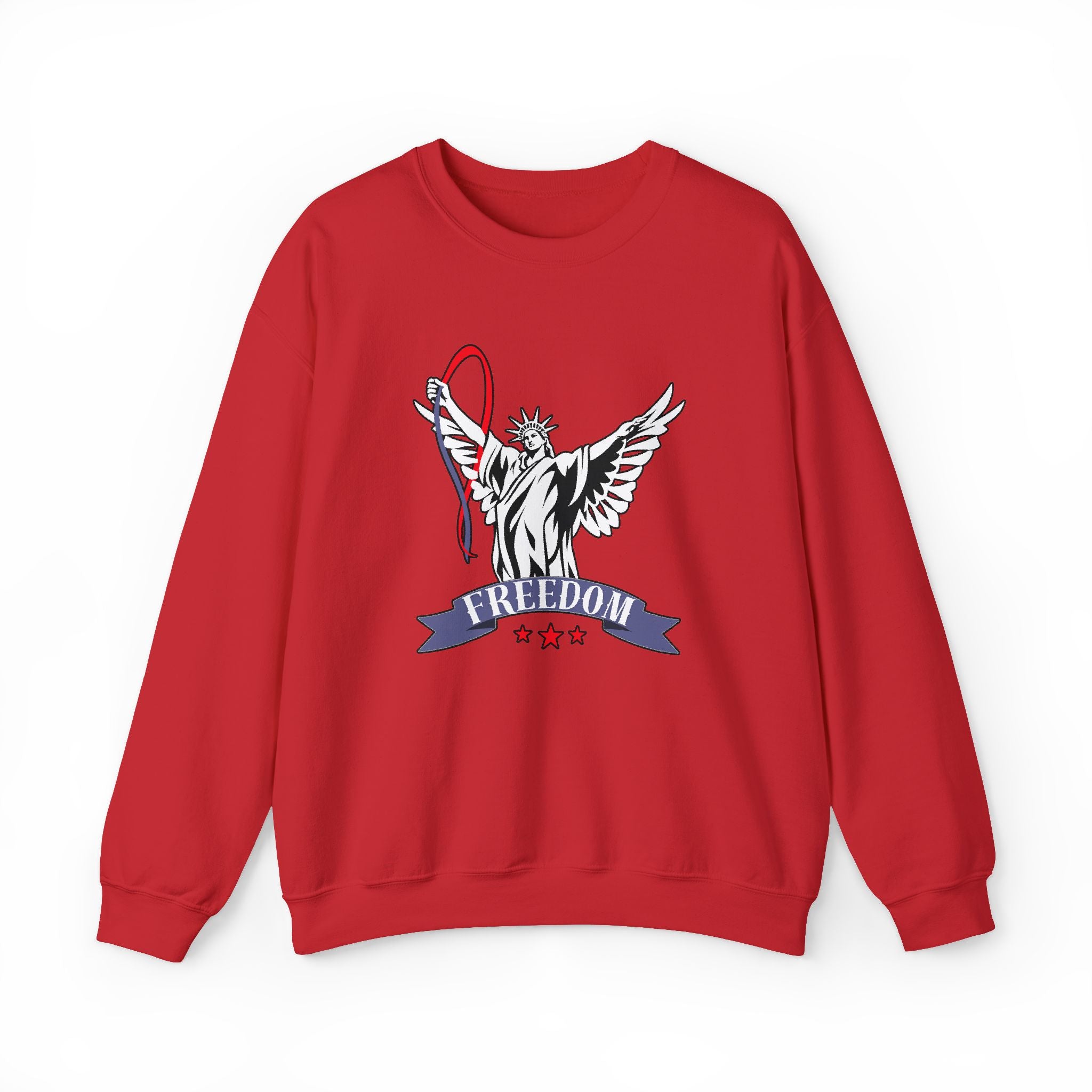 Red sweatshirt with a graphic of the Statue of Liberty and the word 'Freedom' on a white background