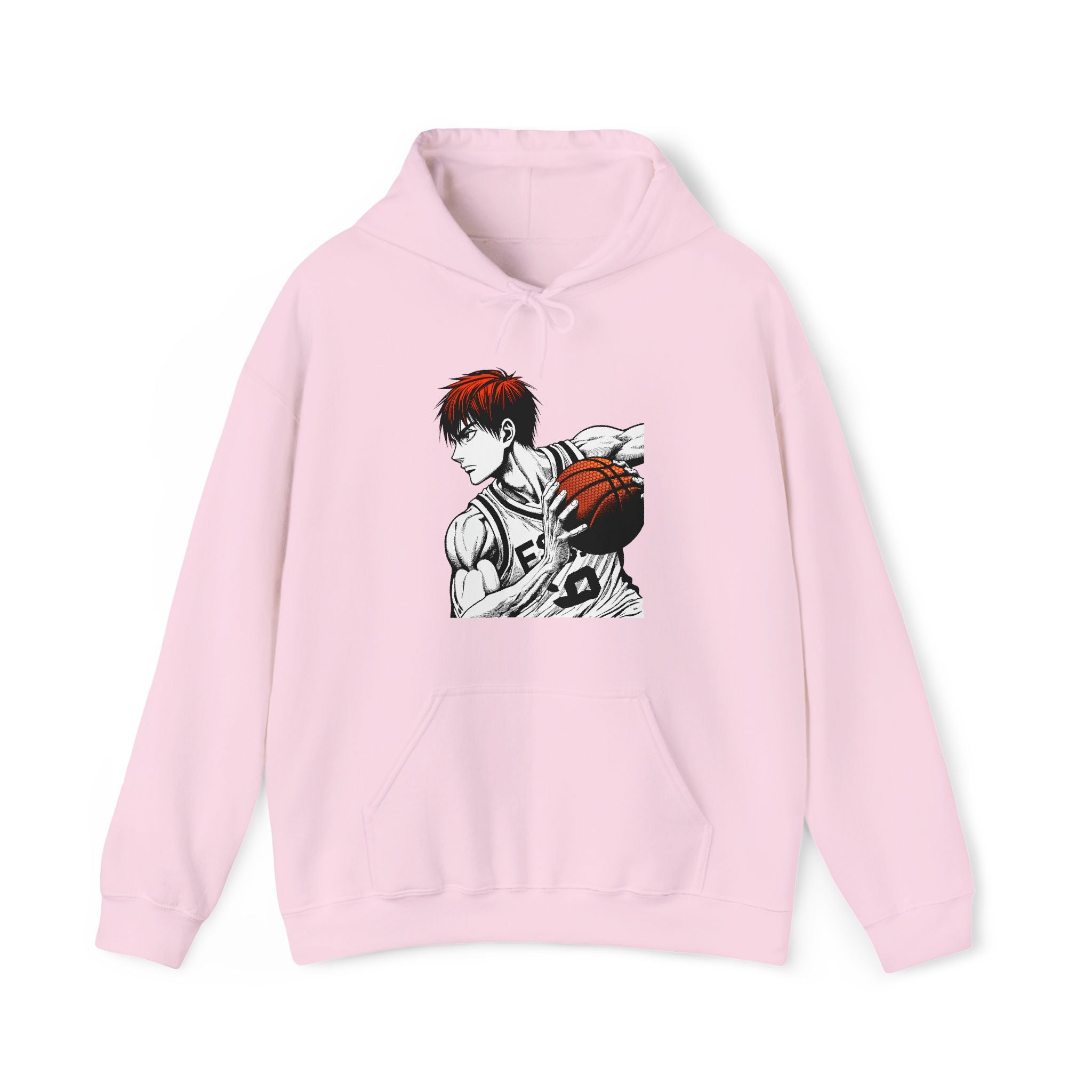 Pink hoodie with an anime character holding a basketball on a white background