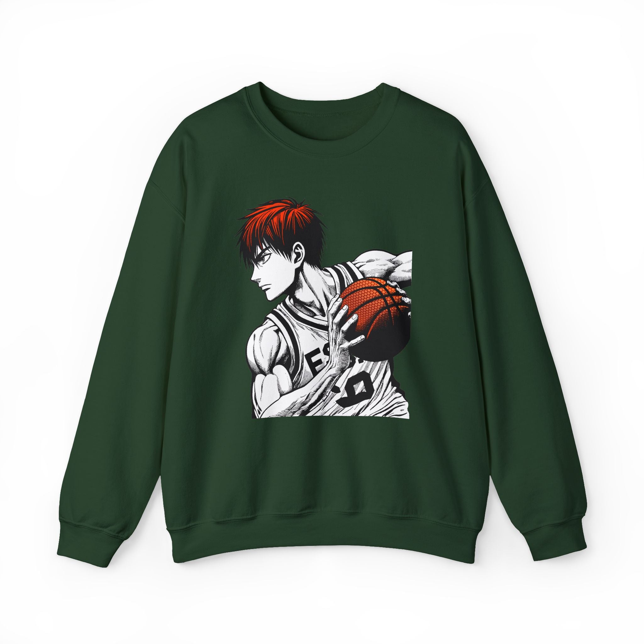 Green sweatshirt with an anime-style character holding a basketball on a white background