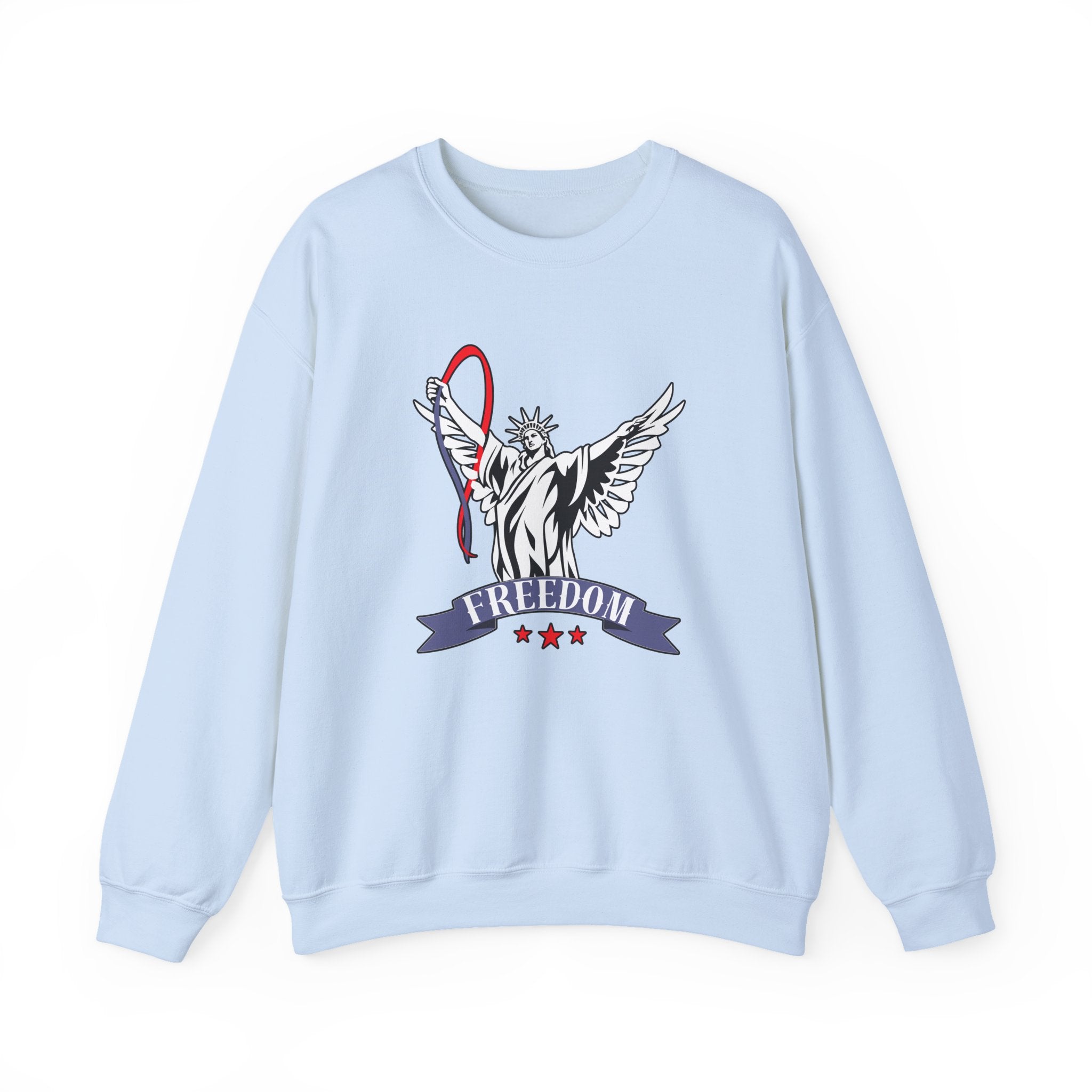 Light blue sweatshirt with a graphic design of the Statue of Liberty and the word 'Freedom' on a white background.