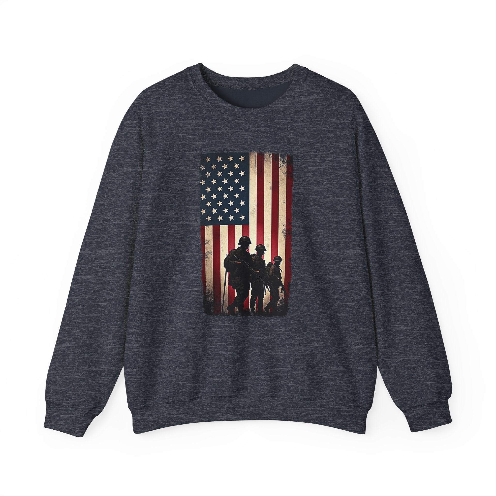 Gray sweatshirt with American flag and silhouette design on a white background