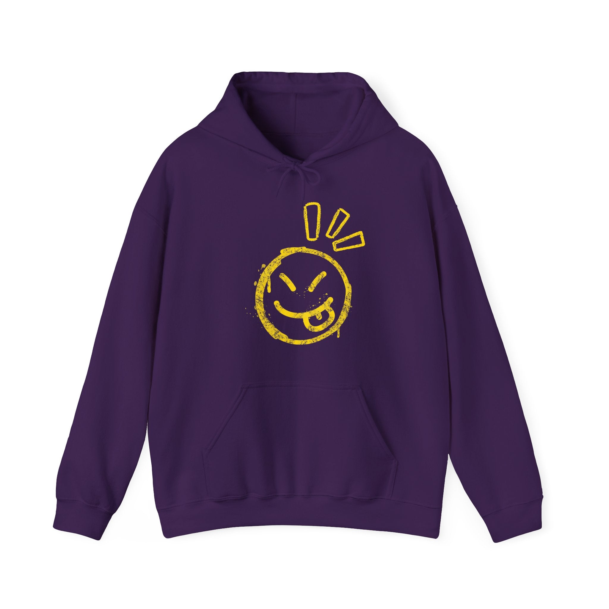 Purple hoodie with a graphic of a wacky emoticon on a white background