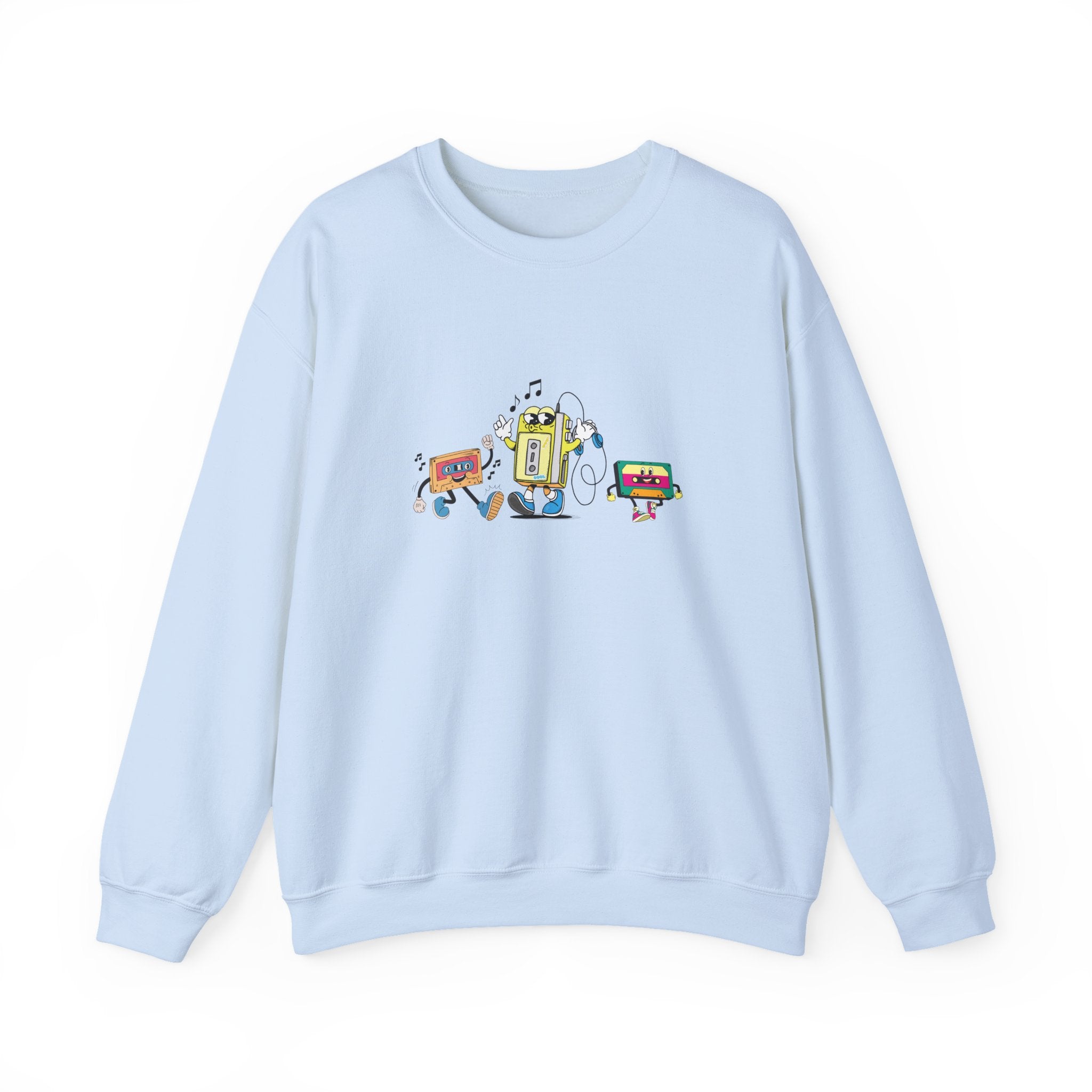 Light blue sweatshirt with colorful robot design on a white background