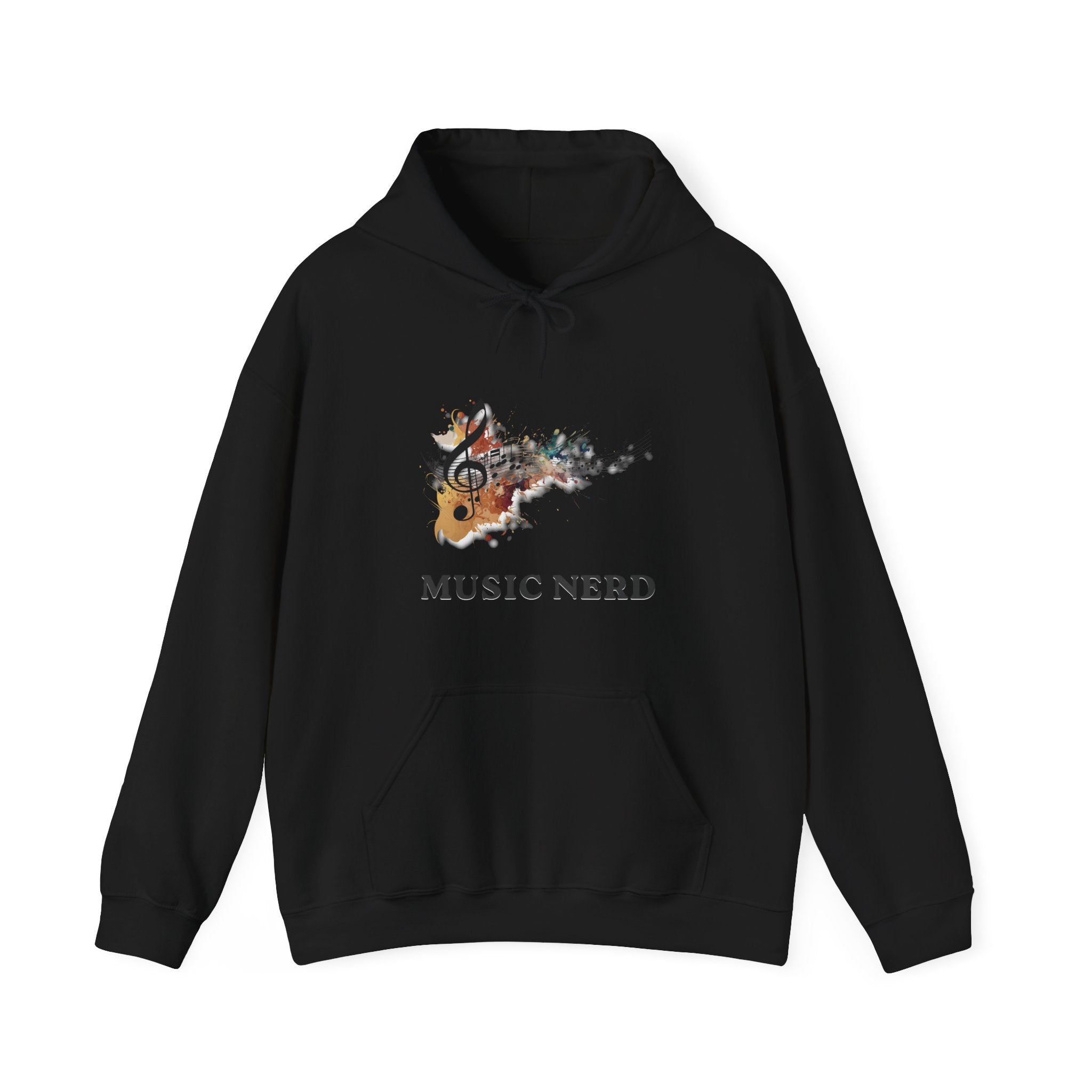 Black hoodie with 'Music Nerd' design on a white background