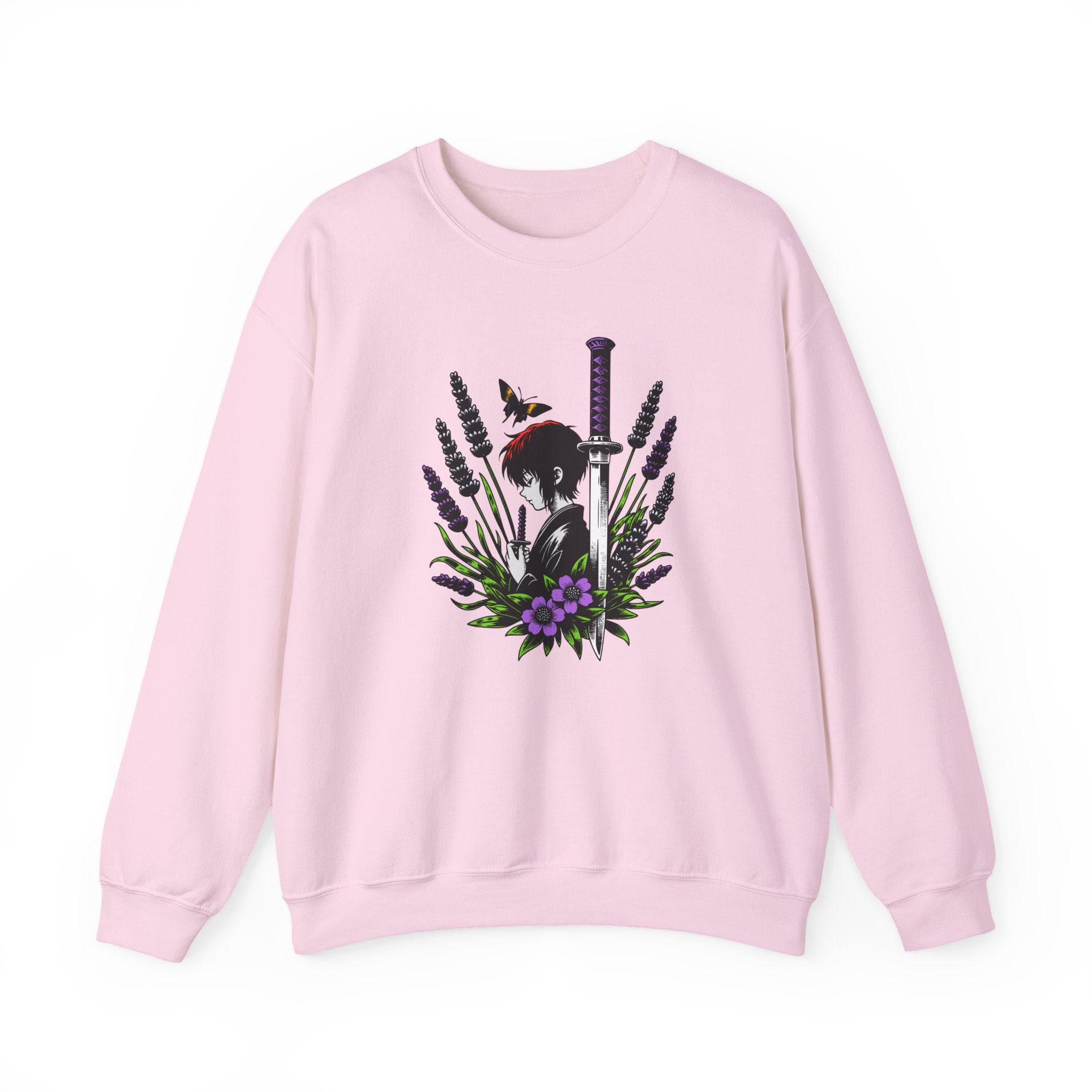 Pink sweatshirt with a manga, butterfly, and sword design on a white background