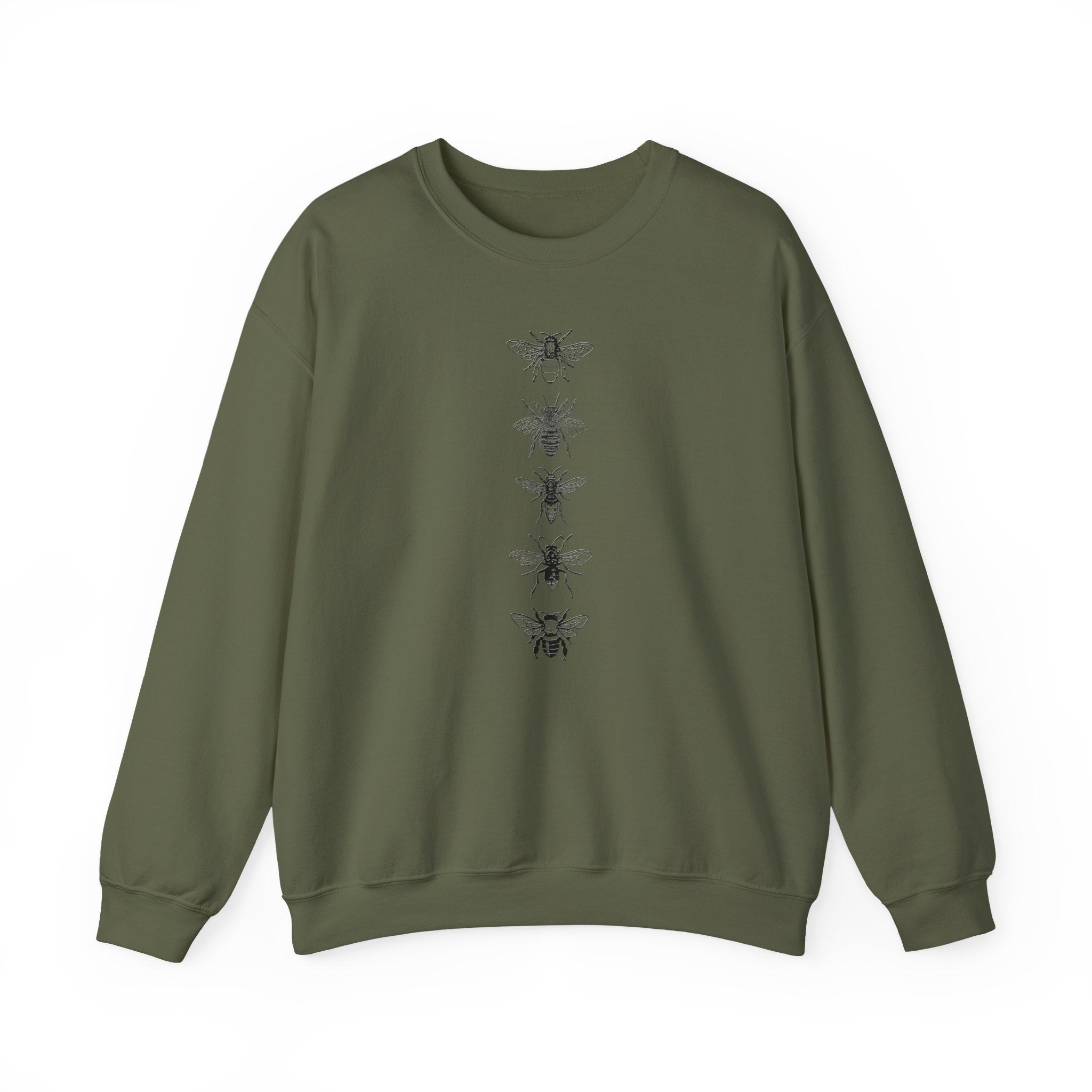 Green sweatshirt with black bee illustrations on a white background