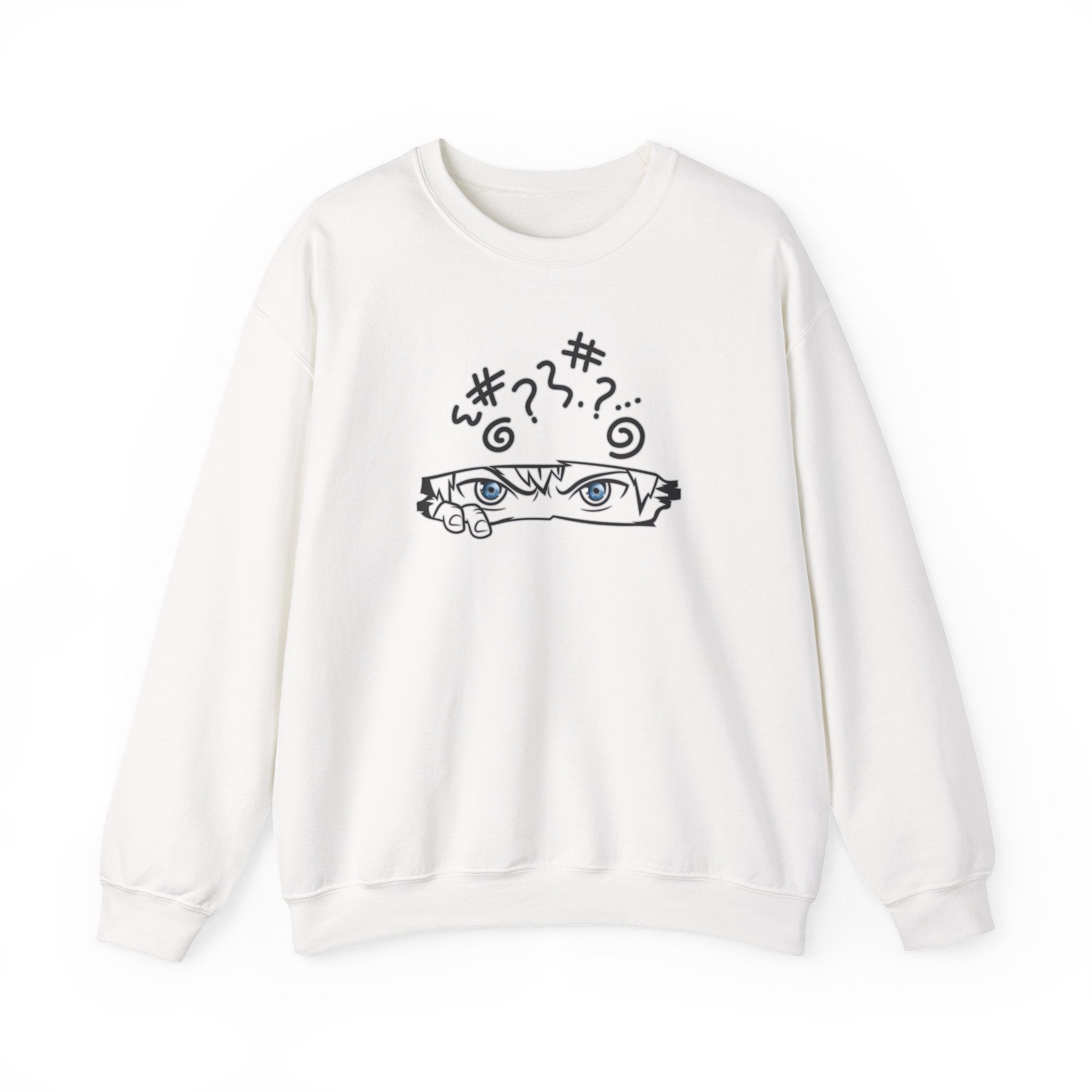 White sweatshirt with black anime graphic design on a white background