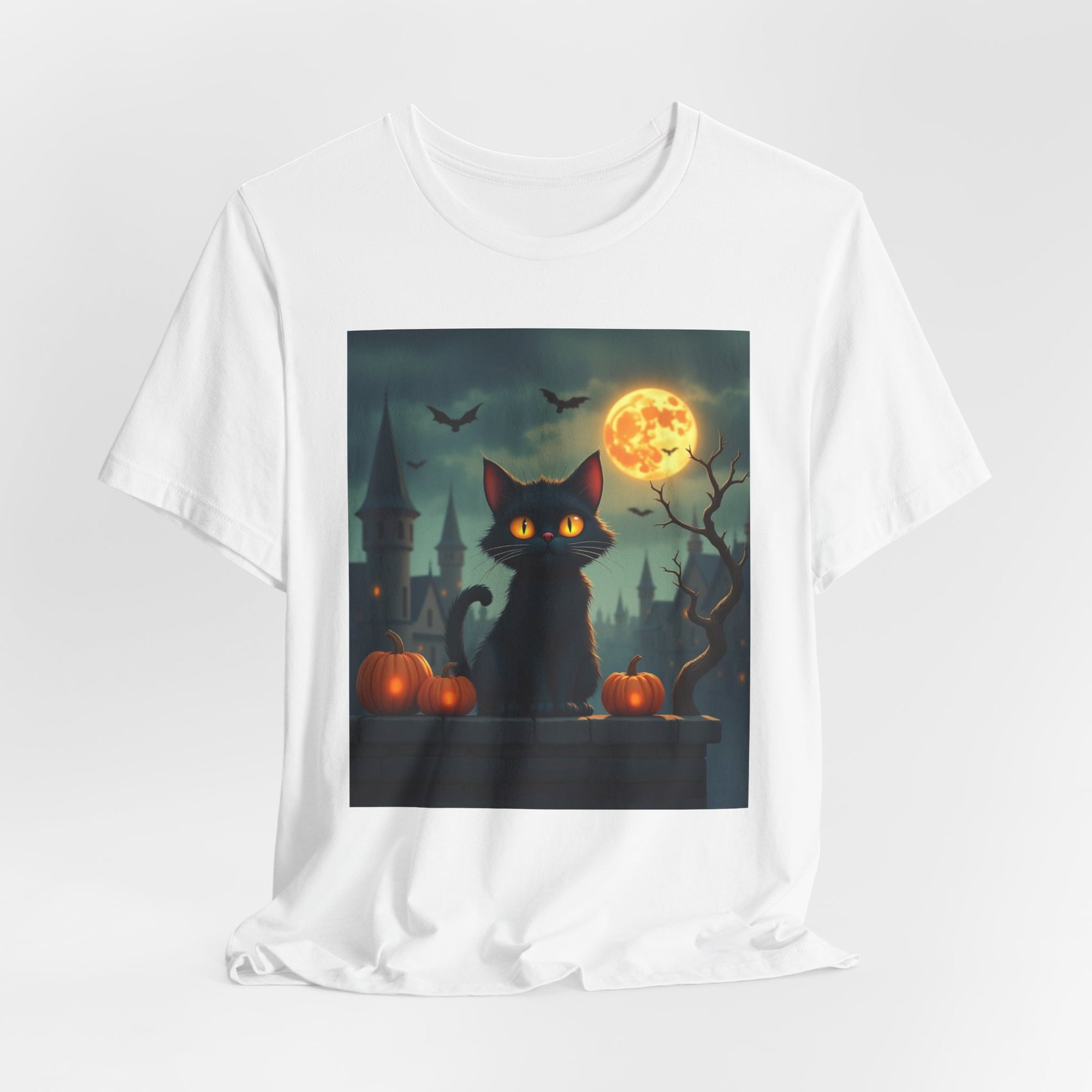 Halloween Cat with Bats and Orange Pumpkins T-shirt for Men and Women