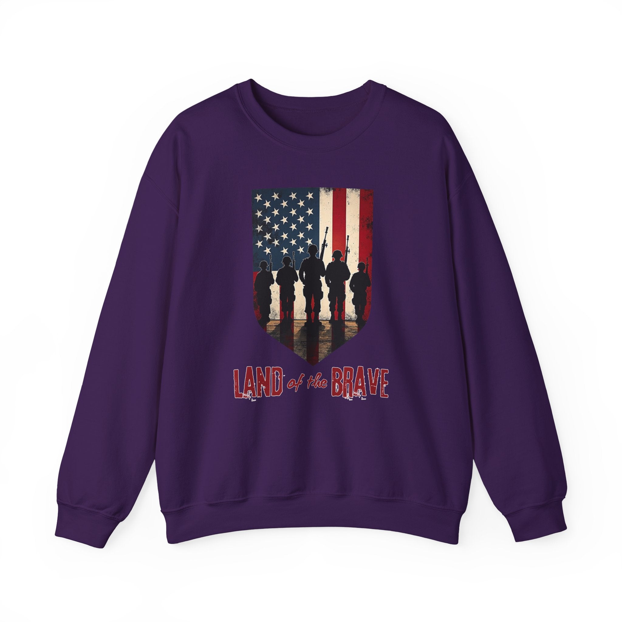 Purple sweatshirt with American flag and soldier graphic on a white background