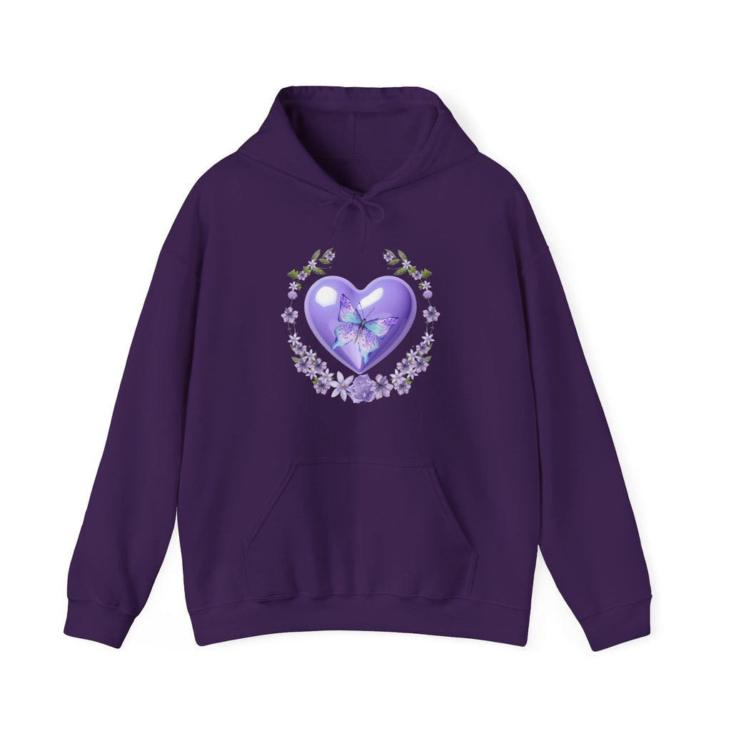 Purple hoodie with a purple heart and butterfly design on a white background