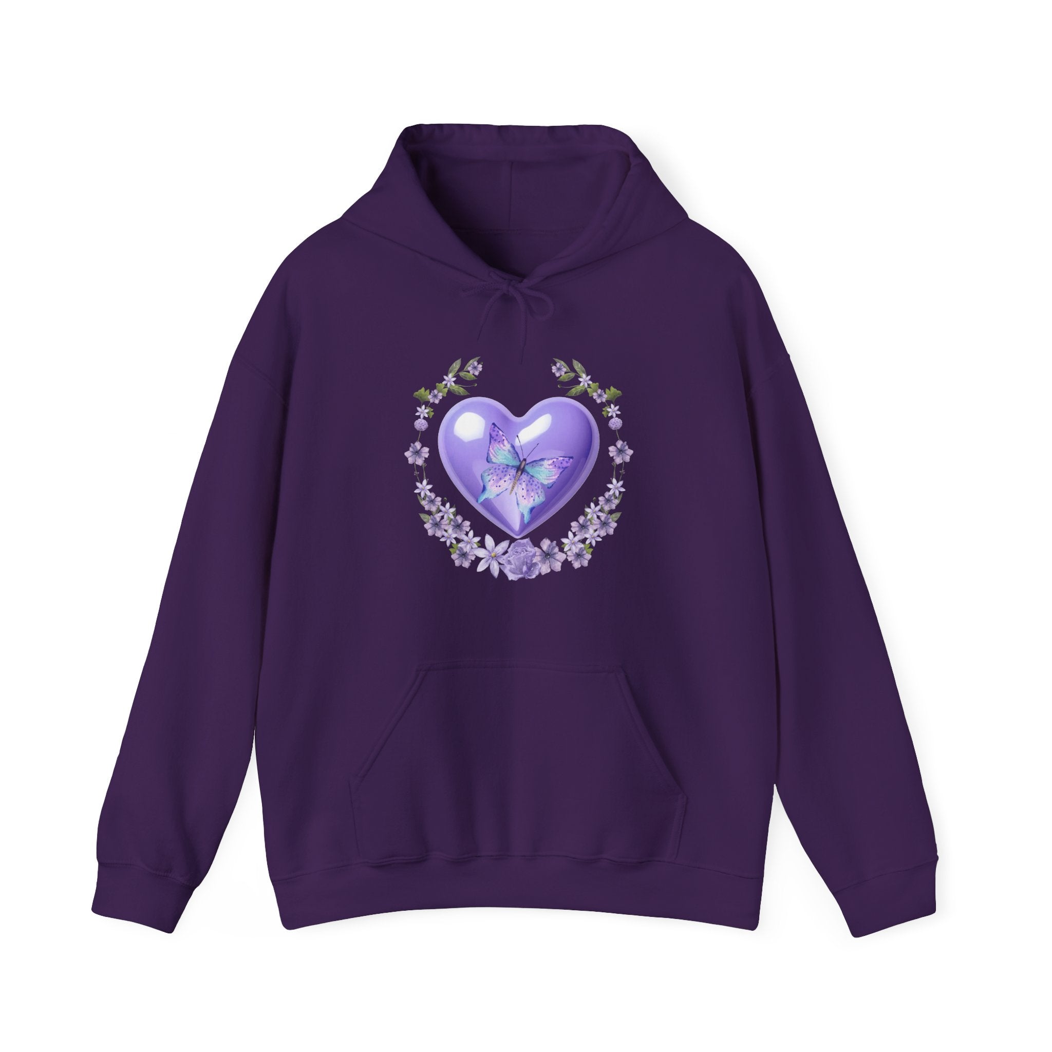Purple hoodie with a purple heart and butterfly design on a white background