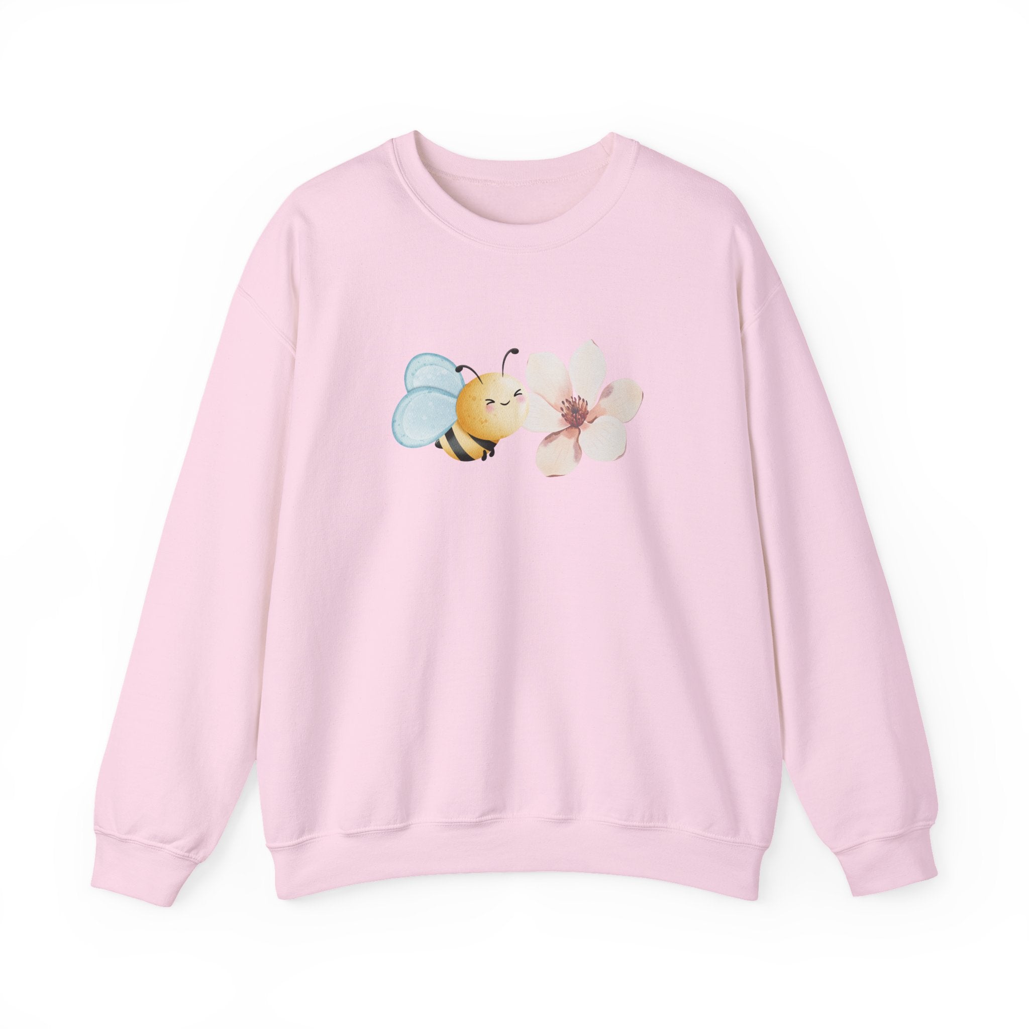 Pink sweatshirt with a bee and flower design on a white background