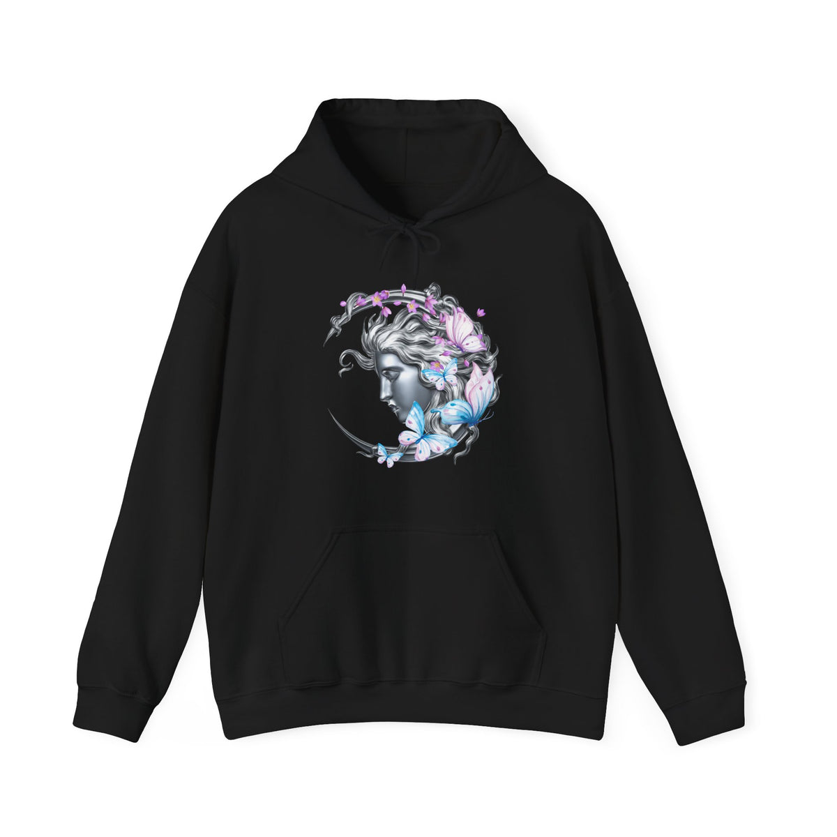 Black hoodie with a woman and flower design on a white background