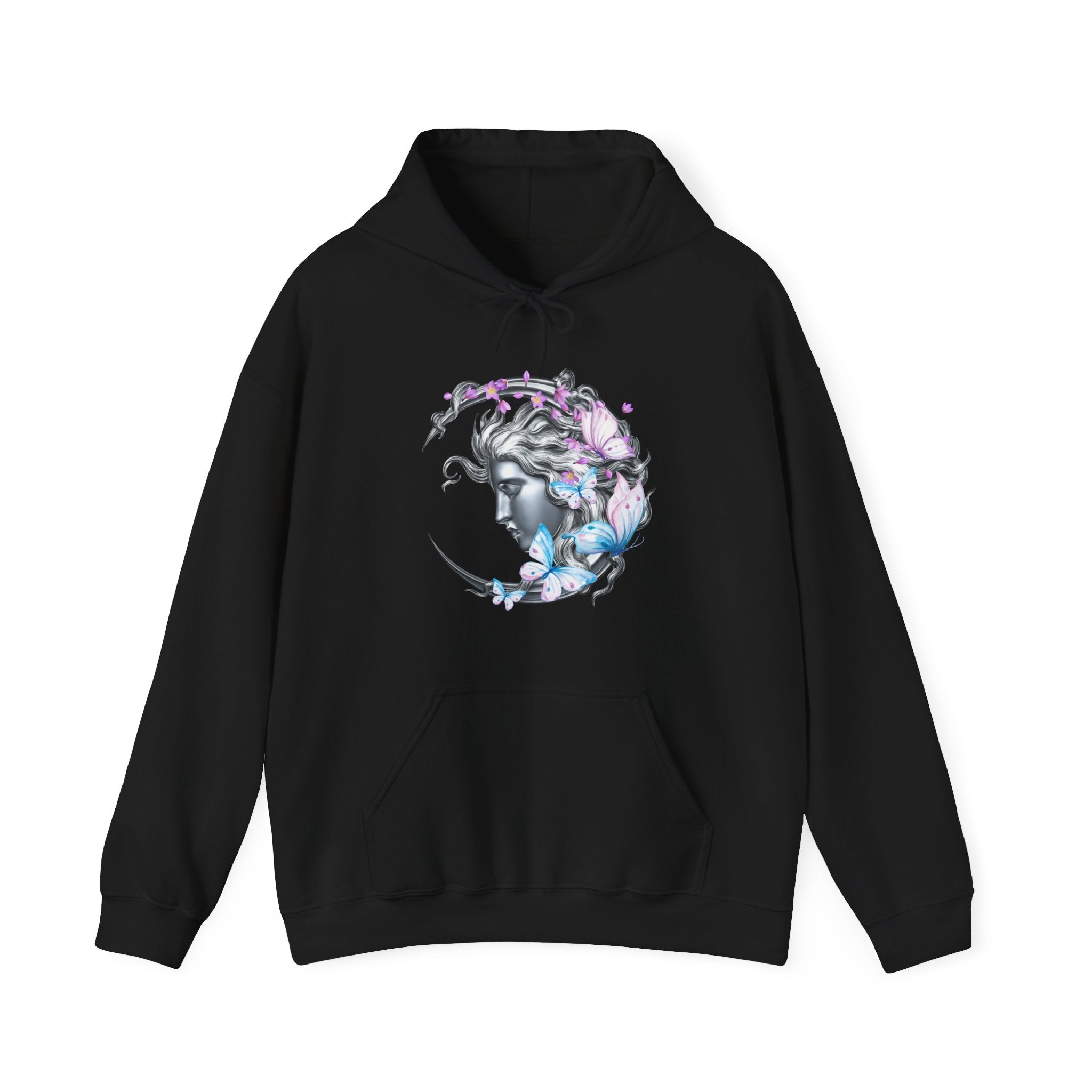 Black hoodie with a woman and flower design on a white background