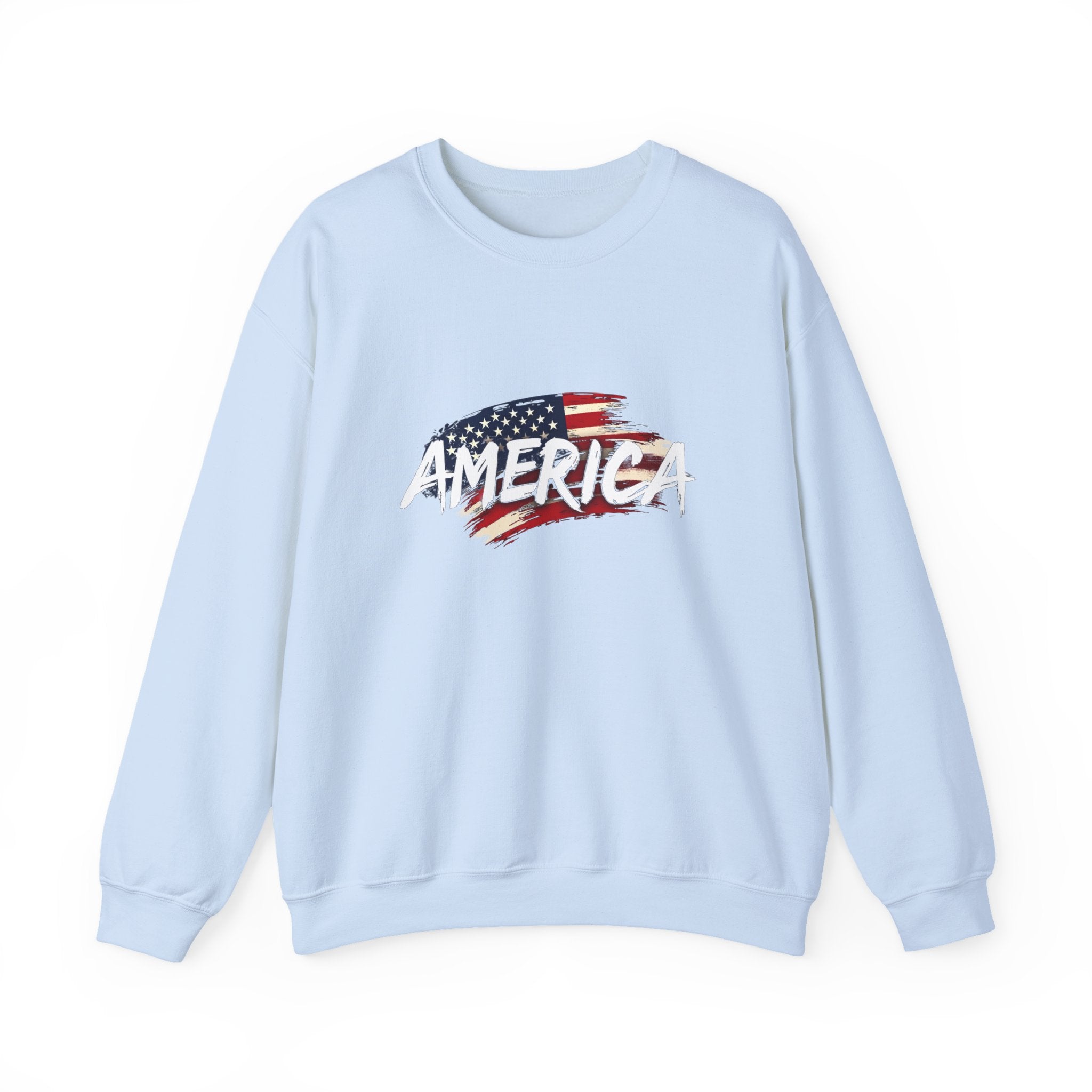 Light blue sweatshirt with 'AMERICA' and American flag design on a white background