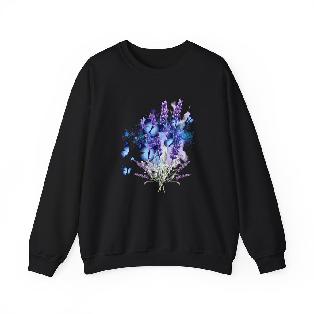 Black sweatshirt with a colorful floral design on a white background