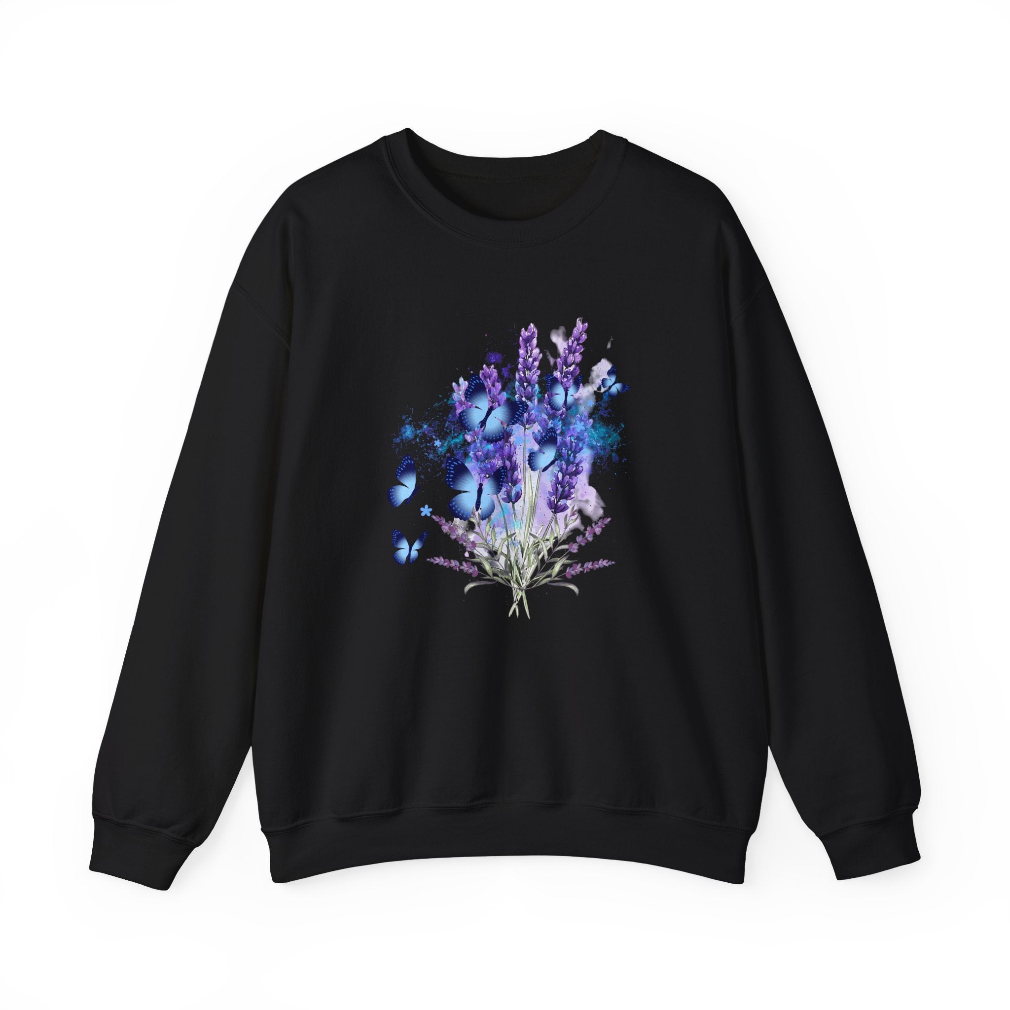 Black sweatshirt with a colorful floral design on a white background
