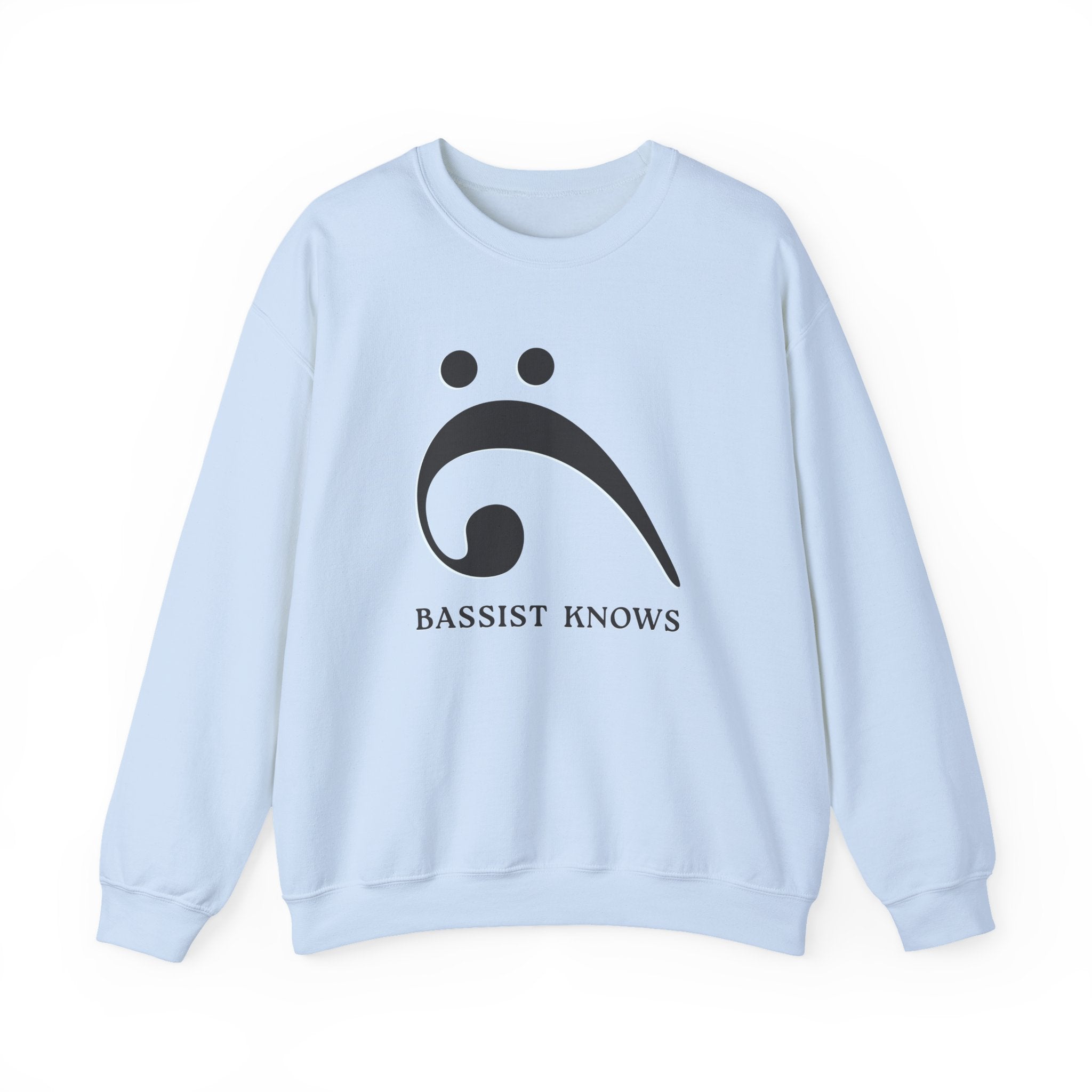 Light blue sweatshirt with a black bass clef graphic and "Bassist Knows" text on a white background