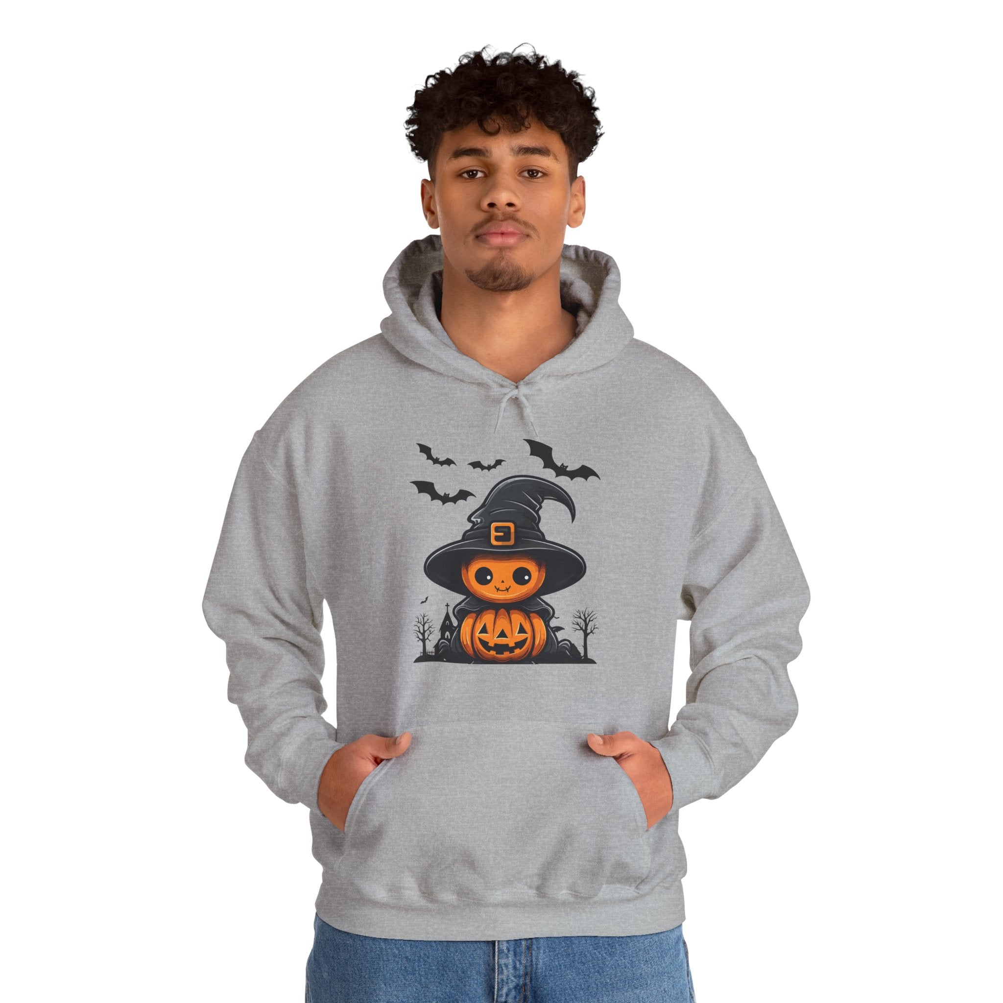 Person wearing a gray hoodie with Halloween design on a white background
