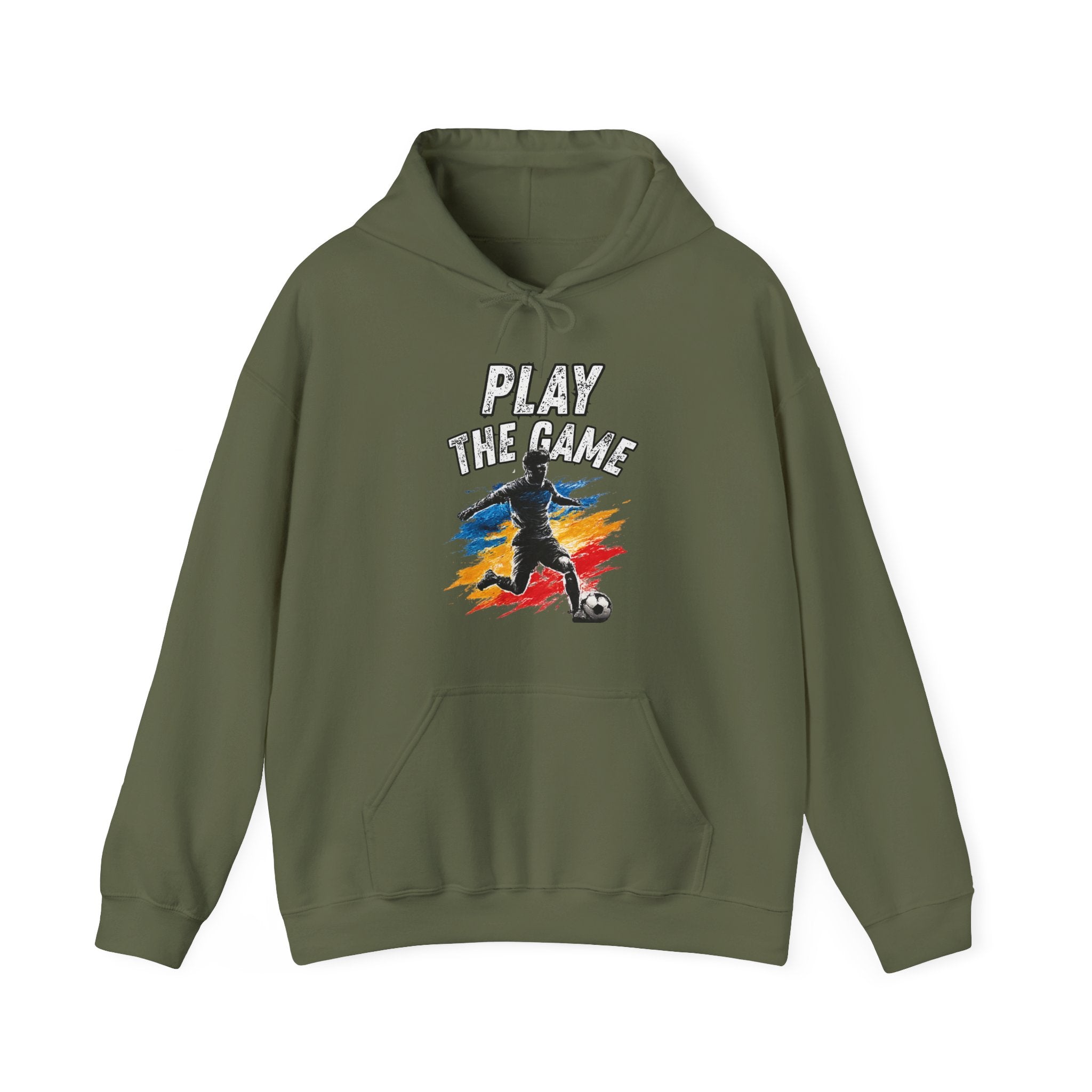 Green hoodie featuring a graphic print on the front with the text 'PLAY THE GAME' above a stylized soccer player silhouette over a red, yellow, and blue paint-splatter background.